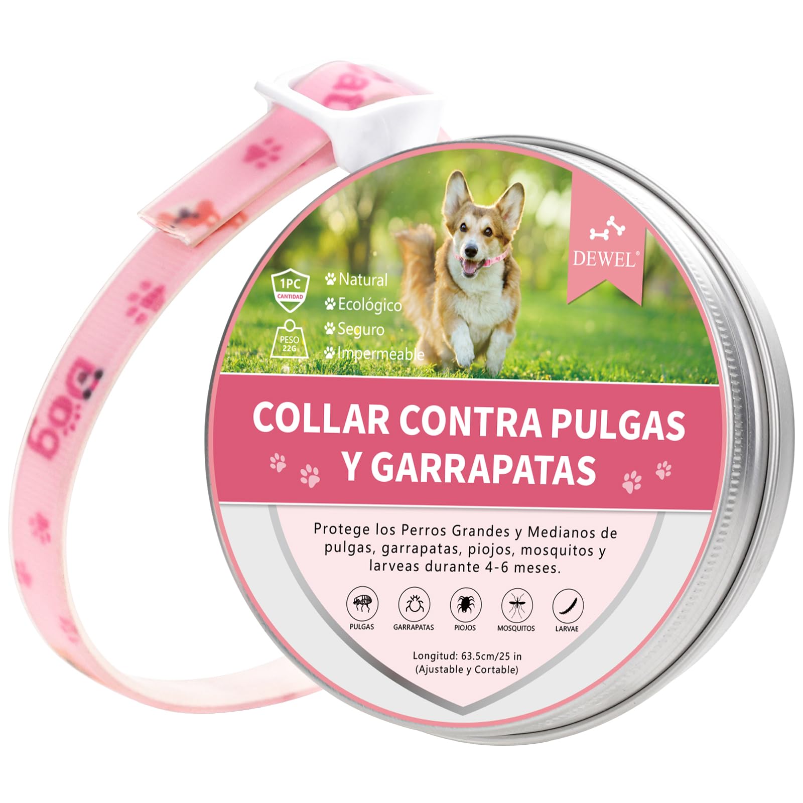 DEWEL Collar Antiparasitario Perros, Collar contra Pulgas Garrapatas Mosquitos y Piojos, Control Antipulgas para Perros y Gatos por 4-6 Meses, Tamaño Ajustable y Cortable 63.5 cm Rosa