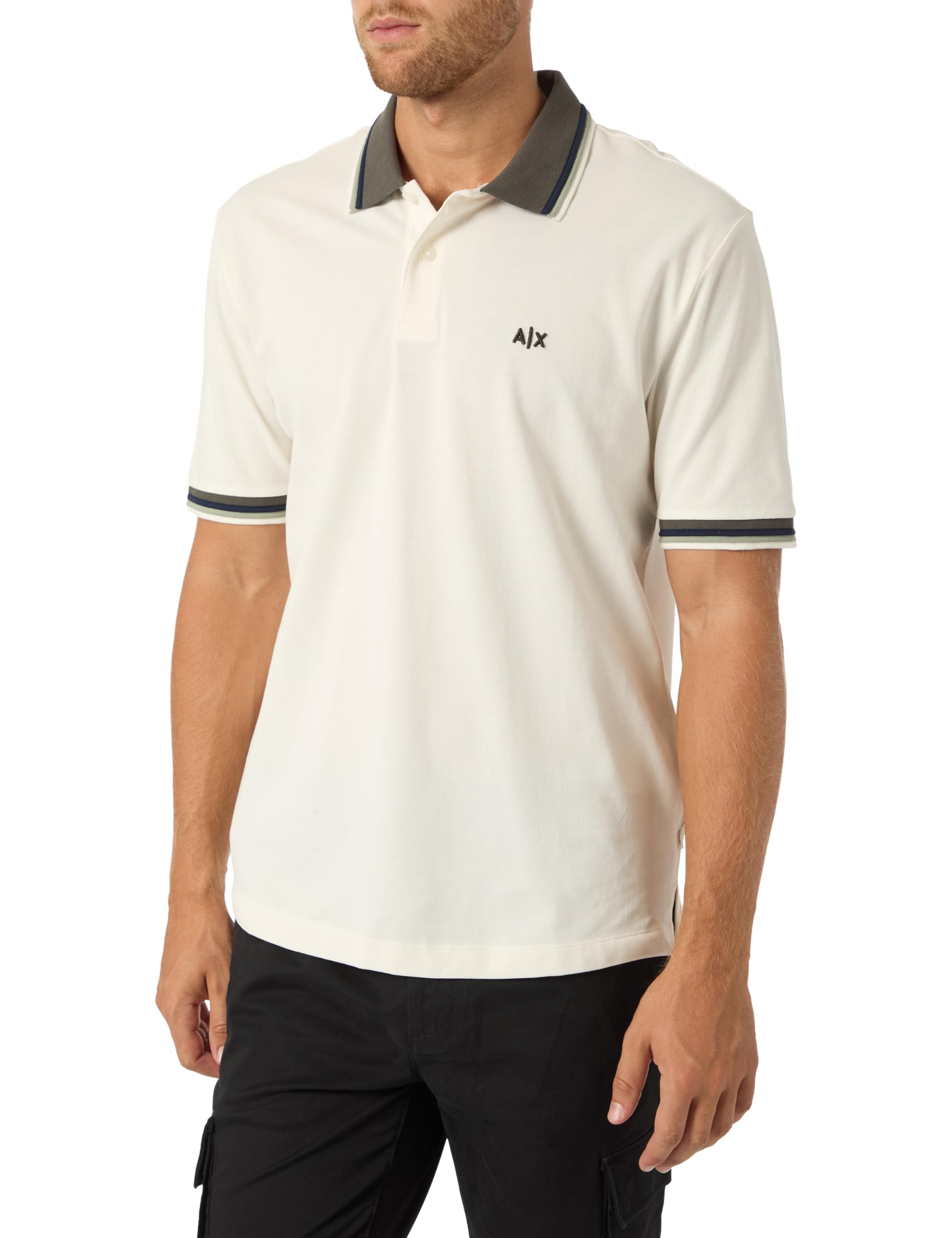 Armani Exchange Men's 3D Embroidered Logo Multicoloured Collar Polo Shirt, White, M