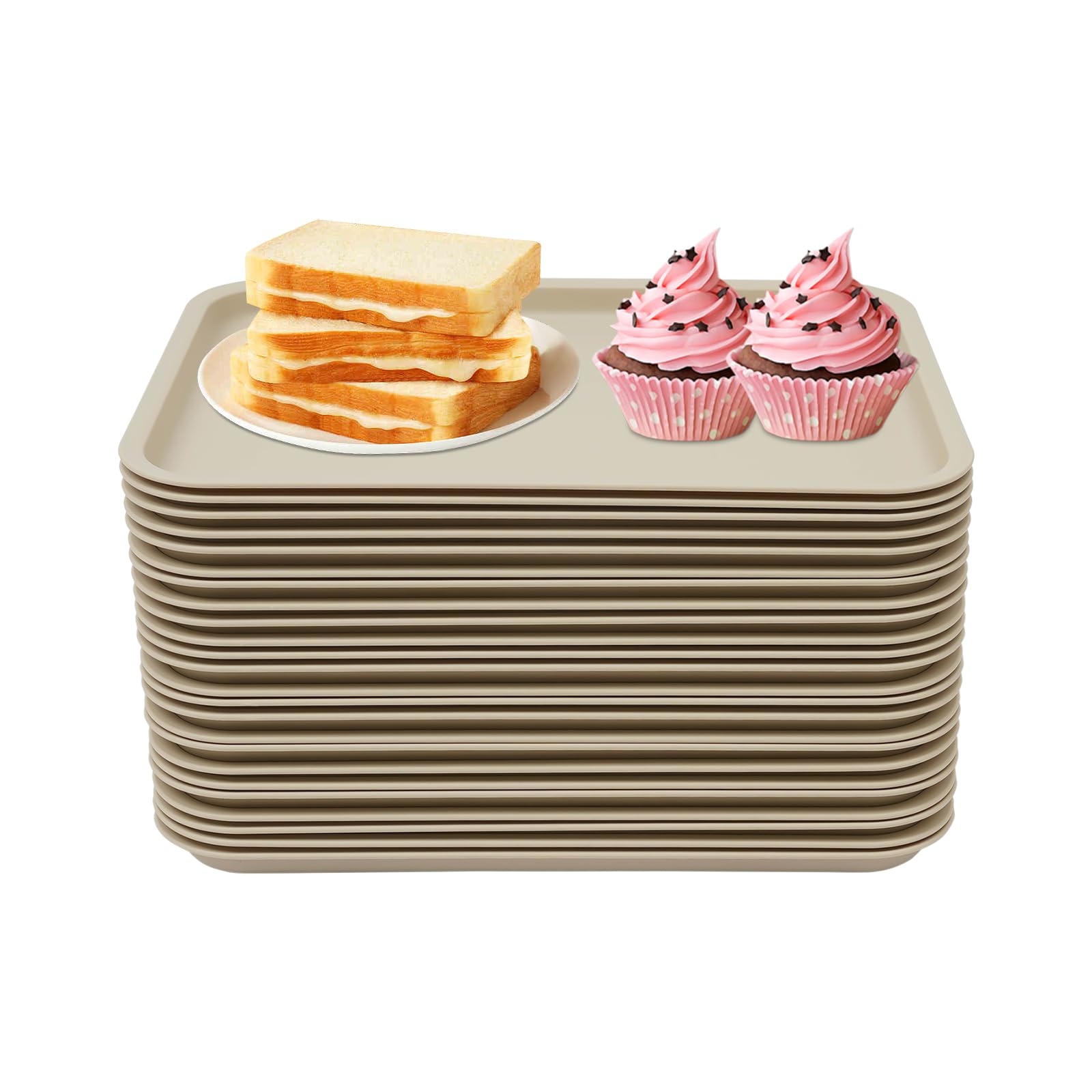 Pack of 24 Stackable Serving Trays, Non-Slip Commercial Restaurant Cafeteria Trays, Fast Food Dishes, Dishwasher Safe, Khaki