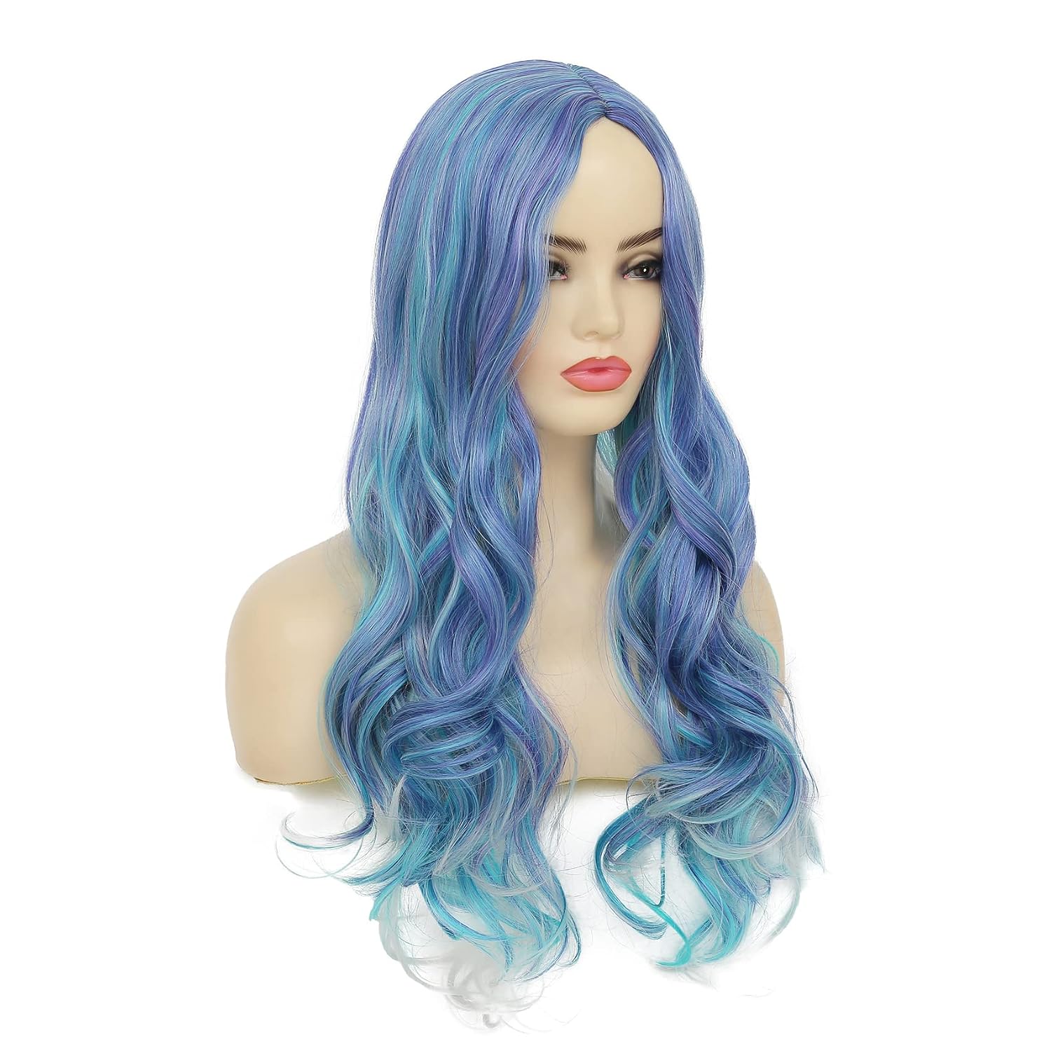 Mermaid Wig Ombre Blue Mixed Lilac Grey Wigs for Women Long Curly Wavy Middle Part Hair Colorful Wigs for Halloween Synthetic Wig(Blue and Grey)