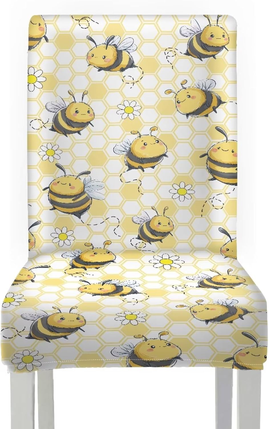 Bee Daisy Pattern Dining Chair Cover Removable Dining Chair Slipcover Elastic Seat Parson Chair Slipcover Home Decor for Kitchen,Wedding,Party-4 Pcs