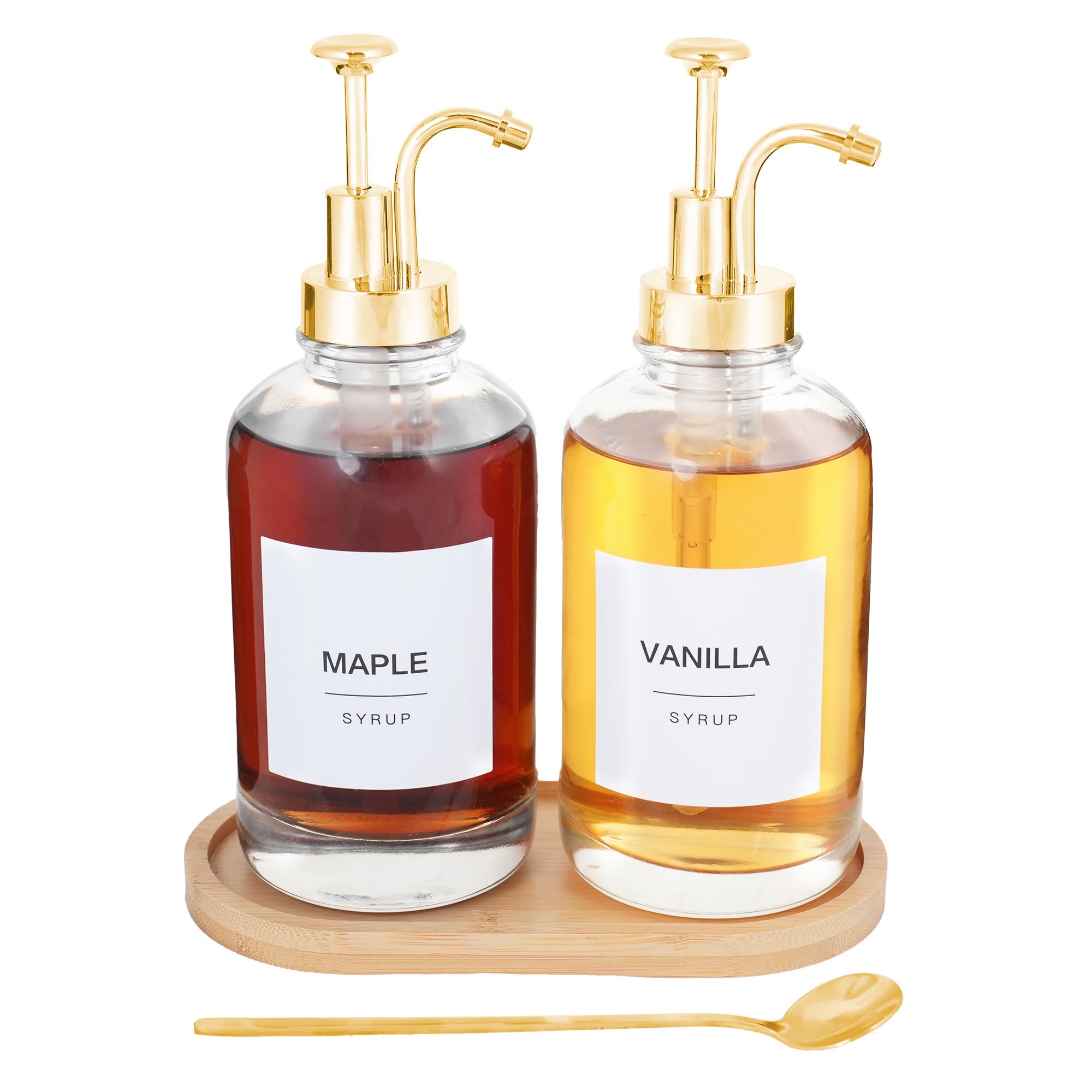 Gold Coffee Syrup Dispenser Set of 2, 16.9oz 500ml Glass, 36 Labels, Cleaning Brush and Bamboo Tray, Coffee Bar Accessory