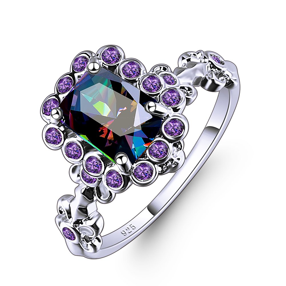 Emsione Created Rainbow Topaz 925 Sterling Silver Plated Halo Ring for Women