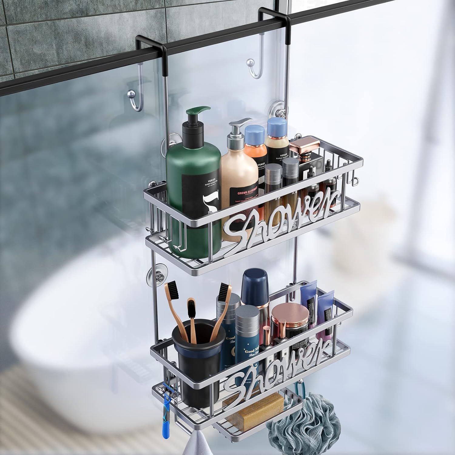 FORESTSUN Over Door Shower Caddy, 2Tier Stainless Steel Bathroom Shower Organizer