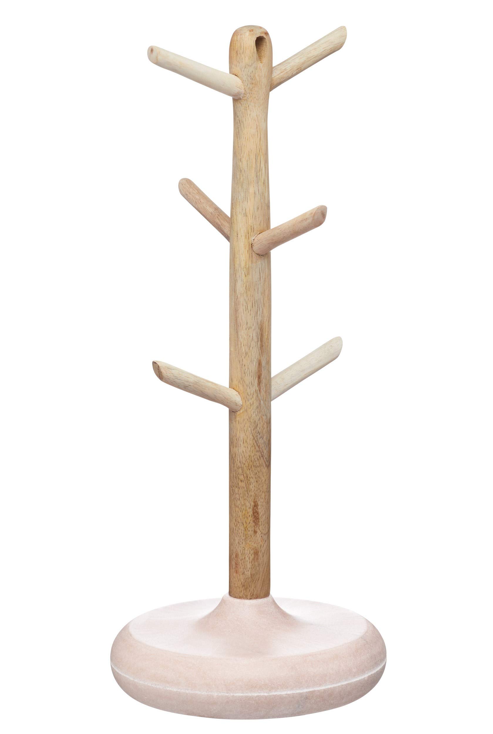 Kitchencraft Pink Serenity Wooden Mug Tree, Mango Wood/Marble, Brown/, 15 X 36 Cm