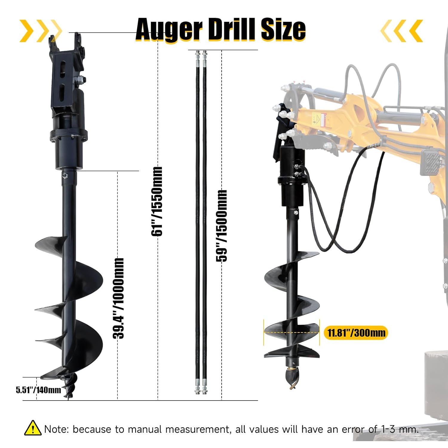 300mm/12 Mini Excavator Auger, DrillingDiameter of 12" Depth of 40", 2 Hydraulic Hose withM14 x 1.5, Small Excavaror Attamentchs Spiral HydraulicDrive Suitable for Drilling and Planting
