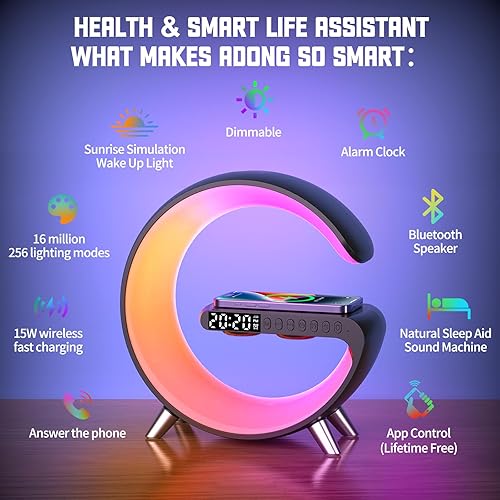 Miniatura 2 de LENGLASS Cargador inalámbrico LED de luz ambiental, lámpara de mesa multifuncional, reloj despertador, luz nocturna de noche, lámpara de audio