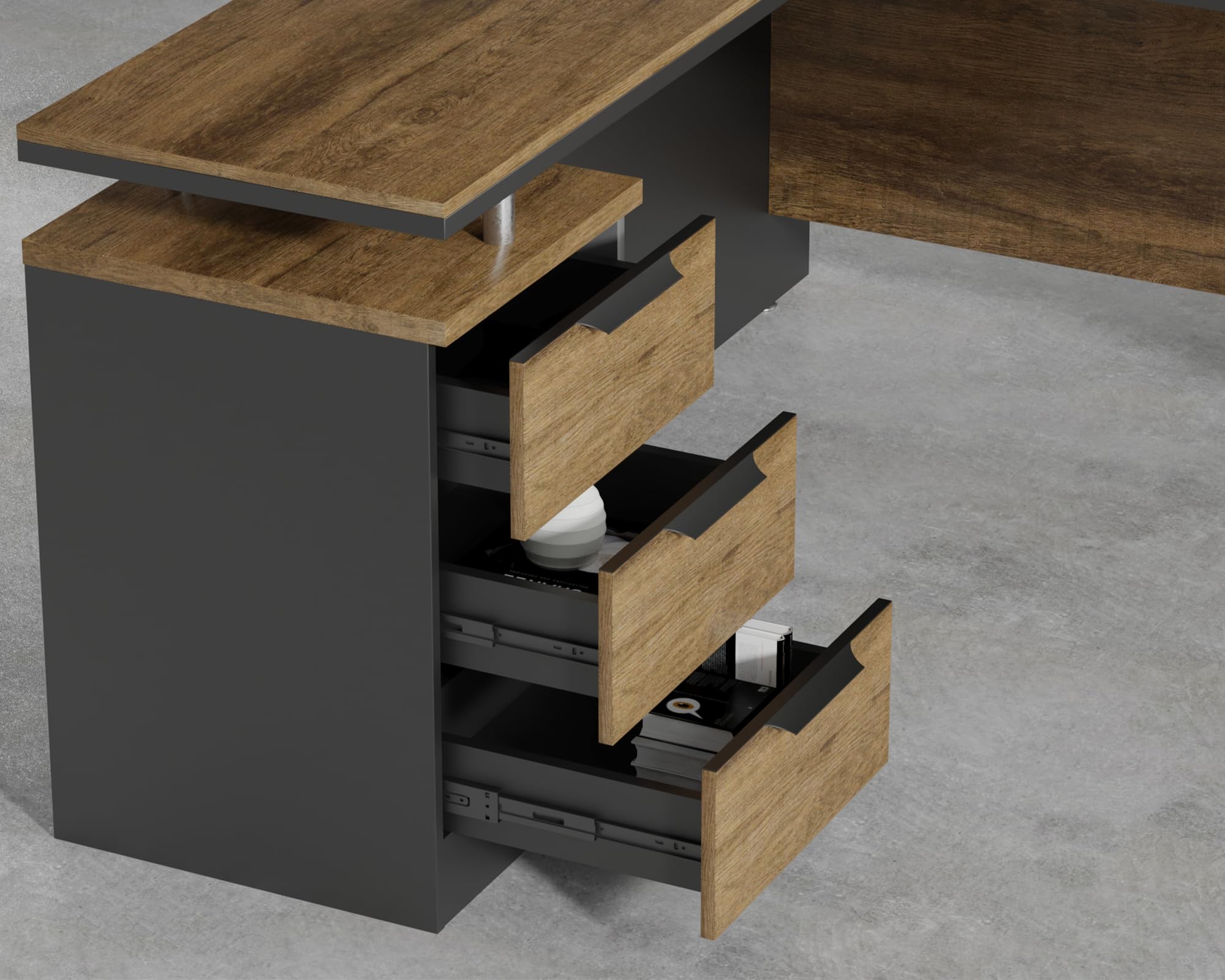 Scrivania da ufficio industriale moderna da 160 cm, con 3 cassetti, finitura in finto legno, gestione dei cavi integrata e presa di corrente, perfetta per casa, ufficio e uso aziendale