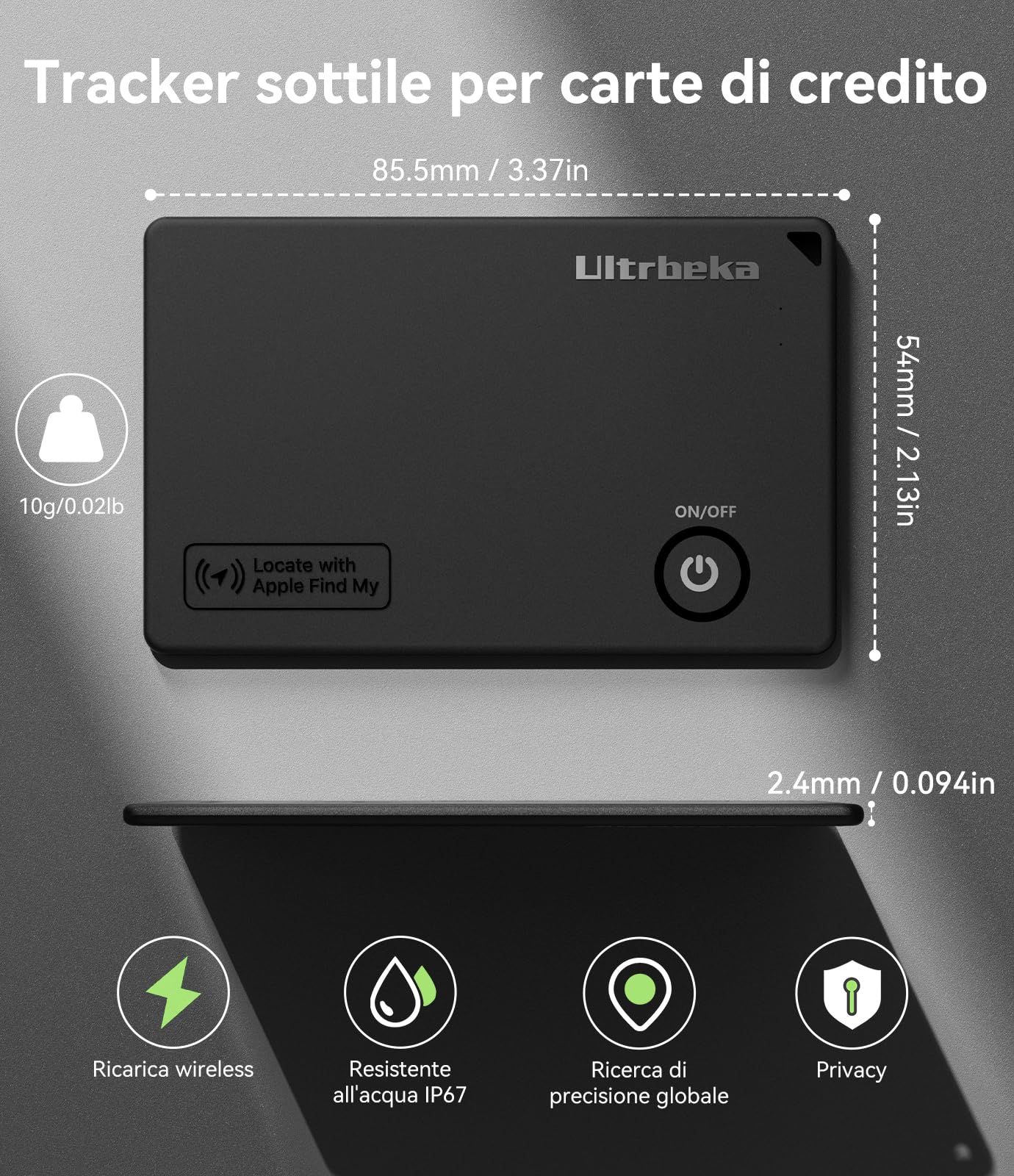 Ultra-sottile Wallet Tracker MFi certificato compatibile con Apple Find My | Per portafogli, chiavi e borse | Singolo, 1 pack