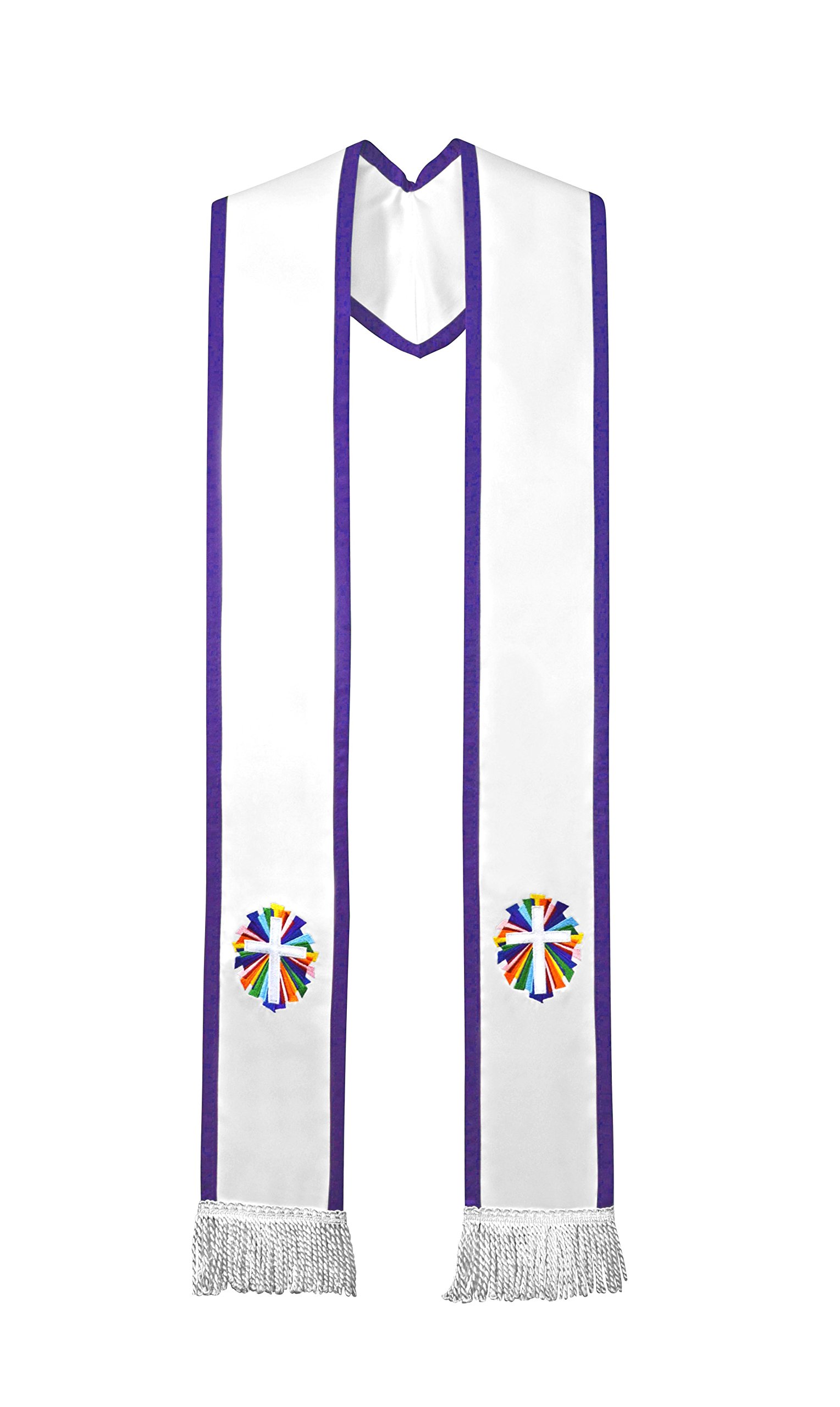 Rainbow Sunburst White with Purple Border and White Fringe Satin Clergy Stole