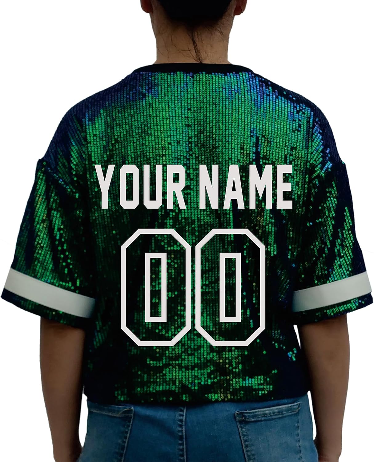Customized Name and Number Sequin Jersey T-Shirts Tops Women's