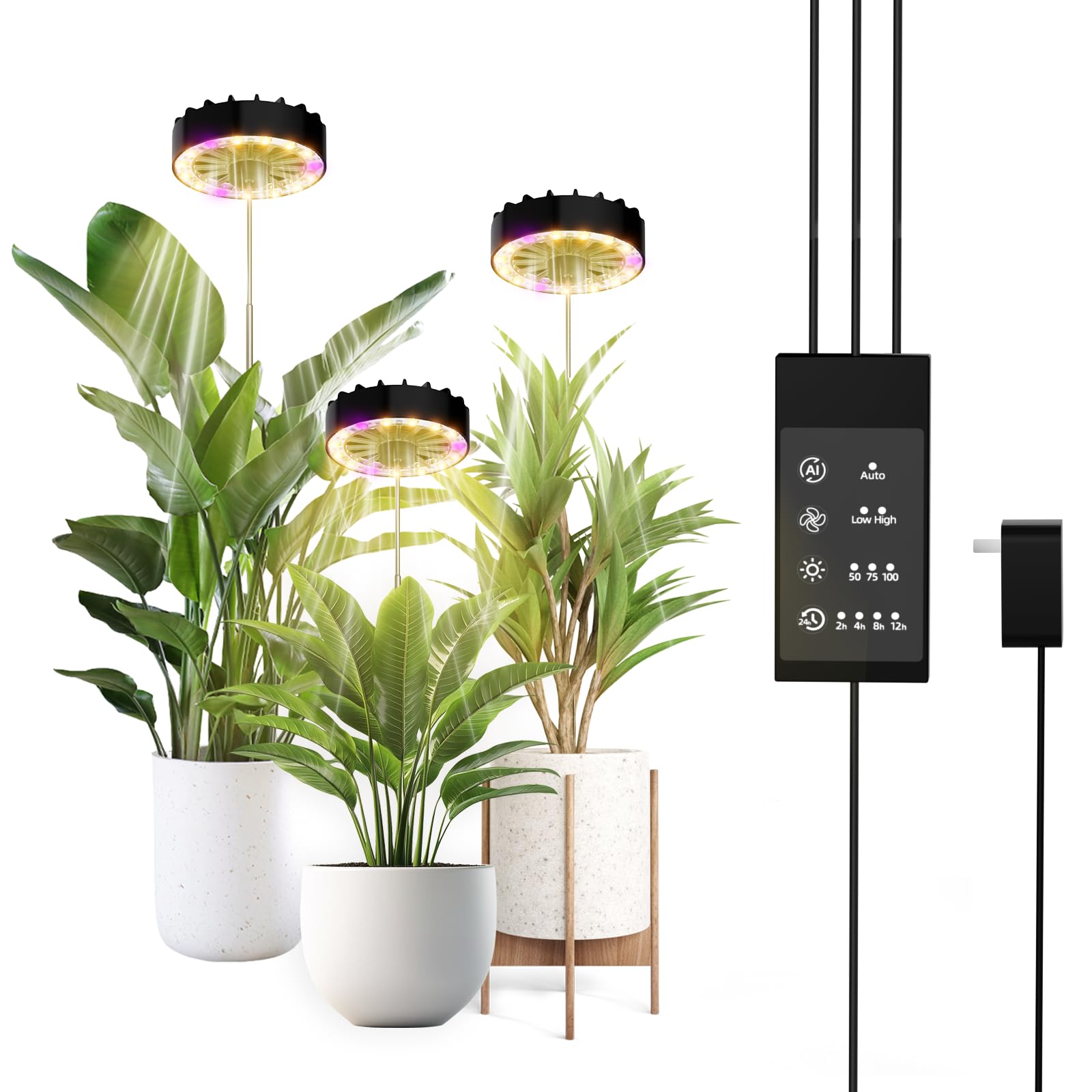 Halo Grow Lights do roślin pokojowych, 100 cm, regulacja wysokości z wentylatorem, pełne spektrum światła LED do uprawy roślin pokojowych, z timerem i 3 poziomami ściemniania