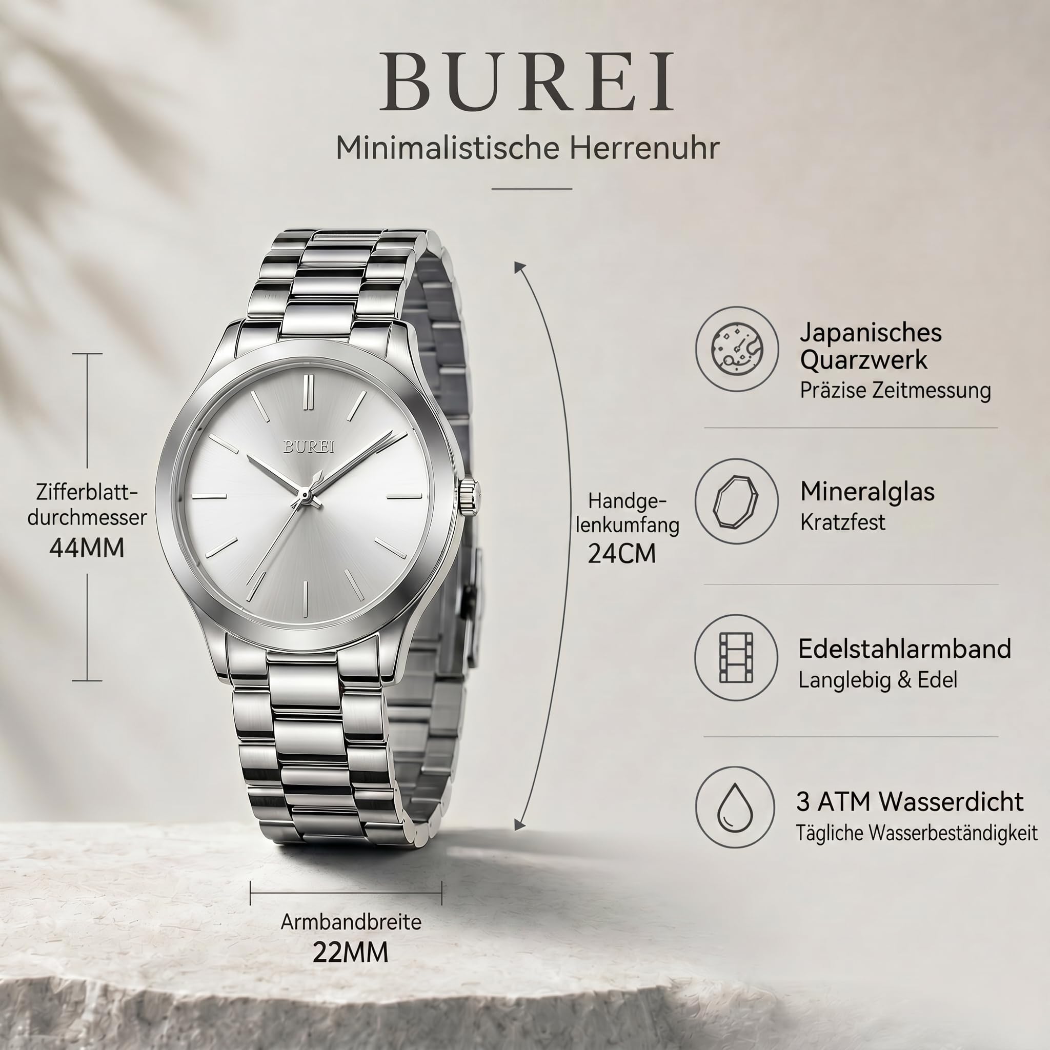 BUREI Reloj analógico de Cuarzo para Hombre, de Acero Inoxidable, para Negocios, Casual, Moderno, Minimalista, para Hombre
