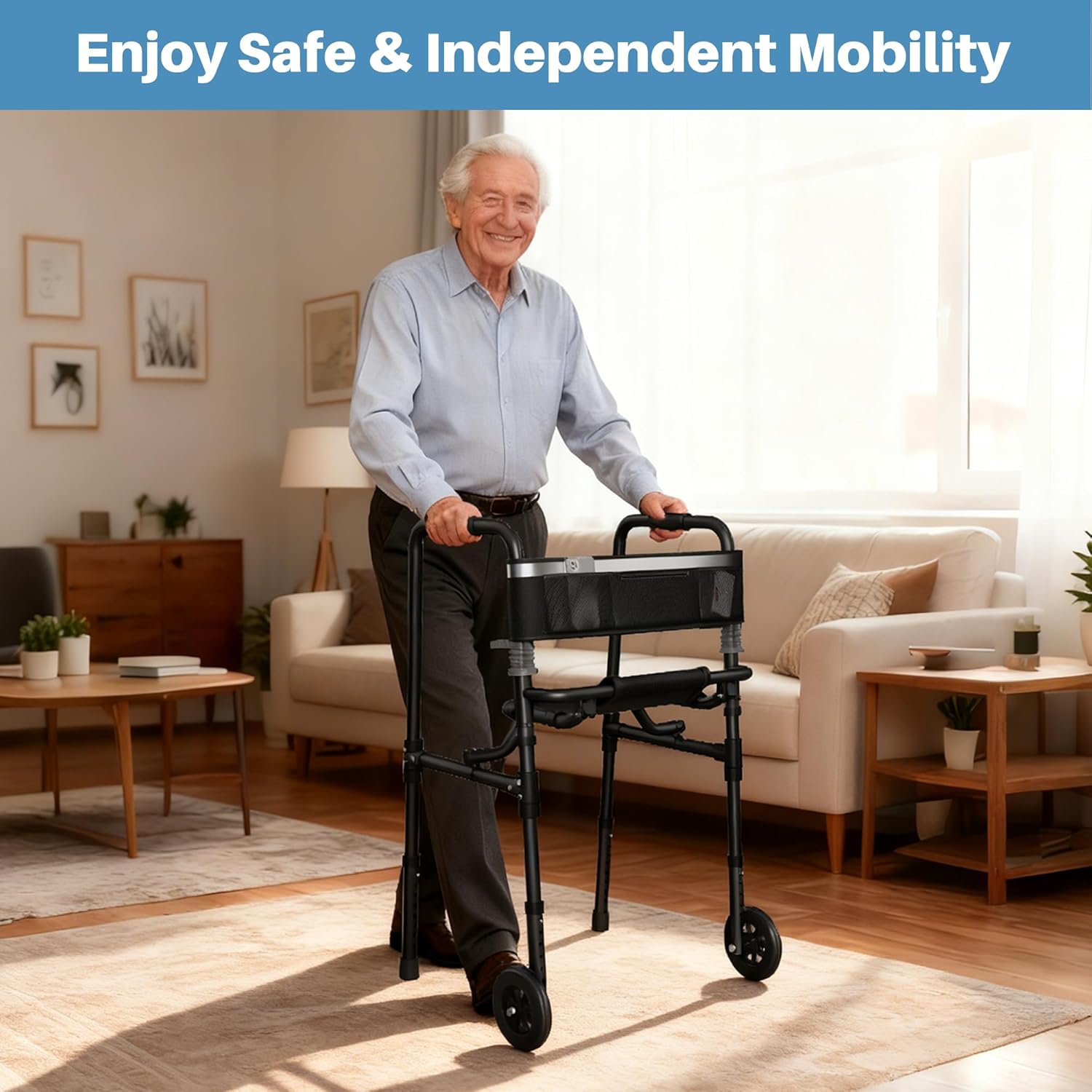 Walkers for Seniors, 2 Wheel Rollator Walker with Seat, 5" Wheels, Foldable Walker with 6" Ultra Backrest & Storage Bag, Height Adjustable, Lightweight Rolling Walker?Only 8LBS Black