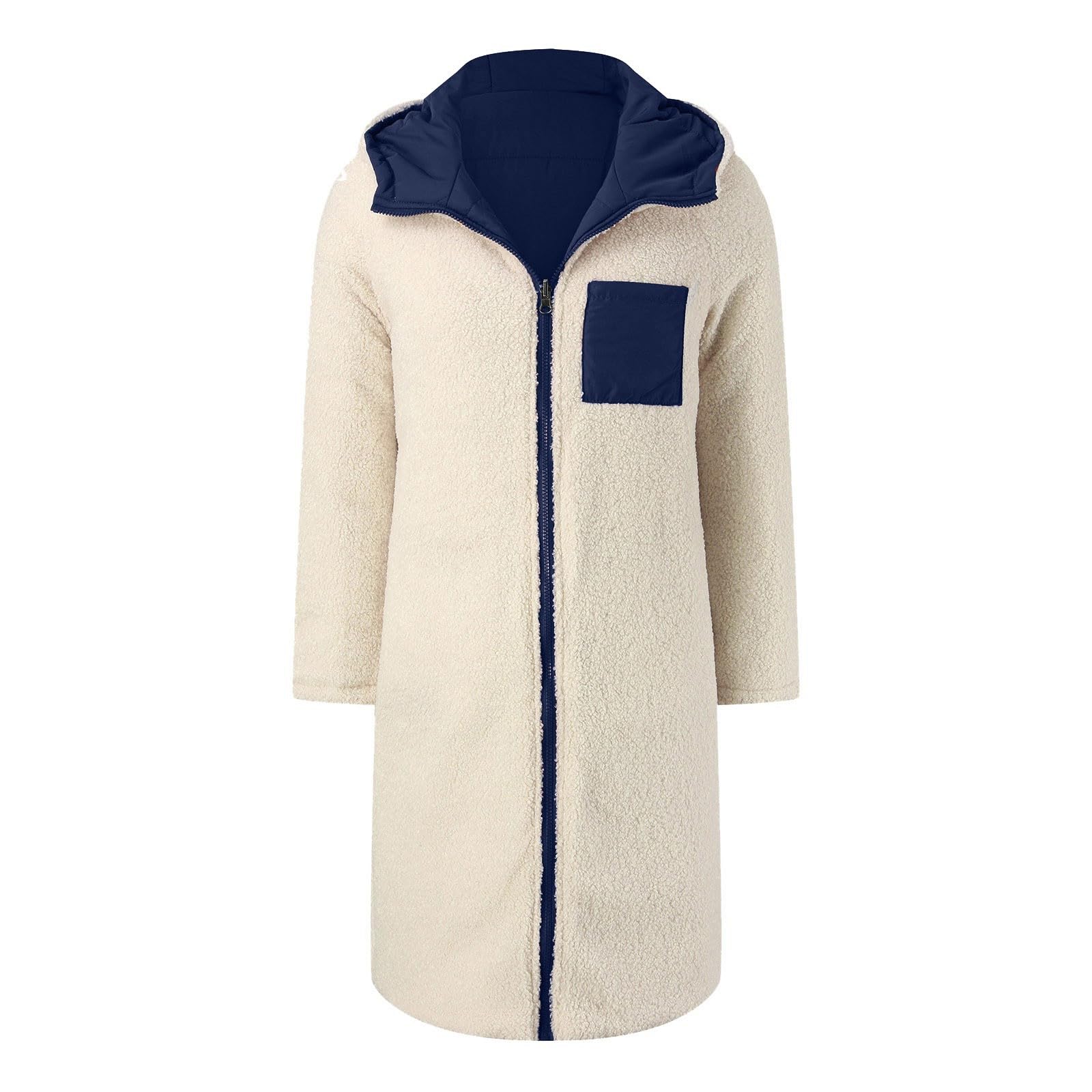 Genérico Abrigo De Plumas Mujer,Chaqueta Informal Con Cremallera Y Bolsillos Para Mujer Sudadera Con Capucha De Forro Polar Abrigo De Peluche Reversible Para Invierno