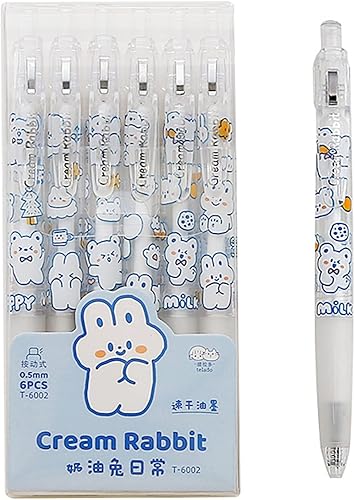 6 bolígrafos de gel negros retráctiles de punta media de punta redonda de gel con bonito patrón de dibujos animados, punta fina para diario,