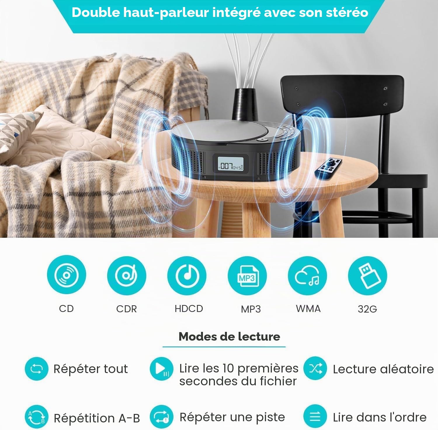 Lecteur CD Monodeal 2 en 1 avec Bluetooth et radio FM, rechargeable, portable, avec haut-parleurs, prise en charge AUX/USB