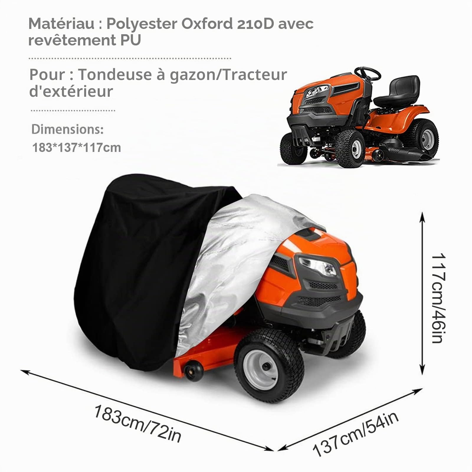 Housse de Tracteur de Jardin, Housse de Tondeuse Tissu Oxford Imperméable Anti-UV Anti-poussière pour Extérieur Jardin Pelouse avec Sac de Stockage(183 x 137 x 117 cm)