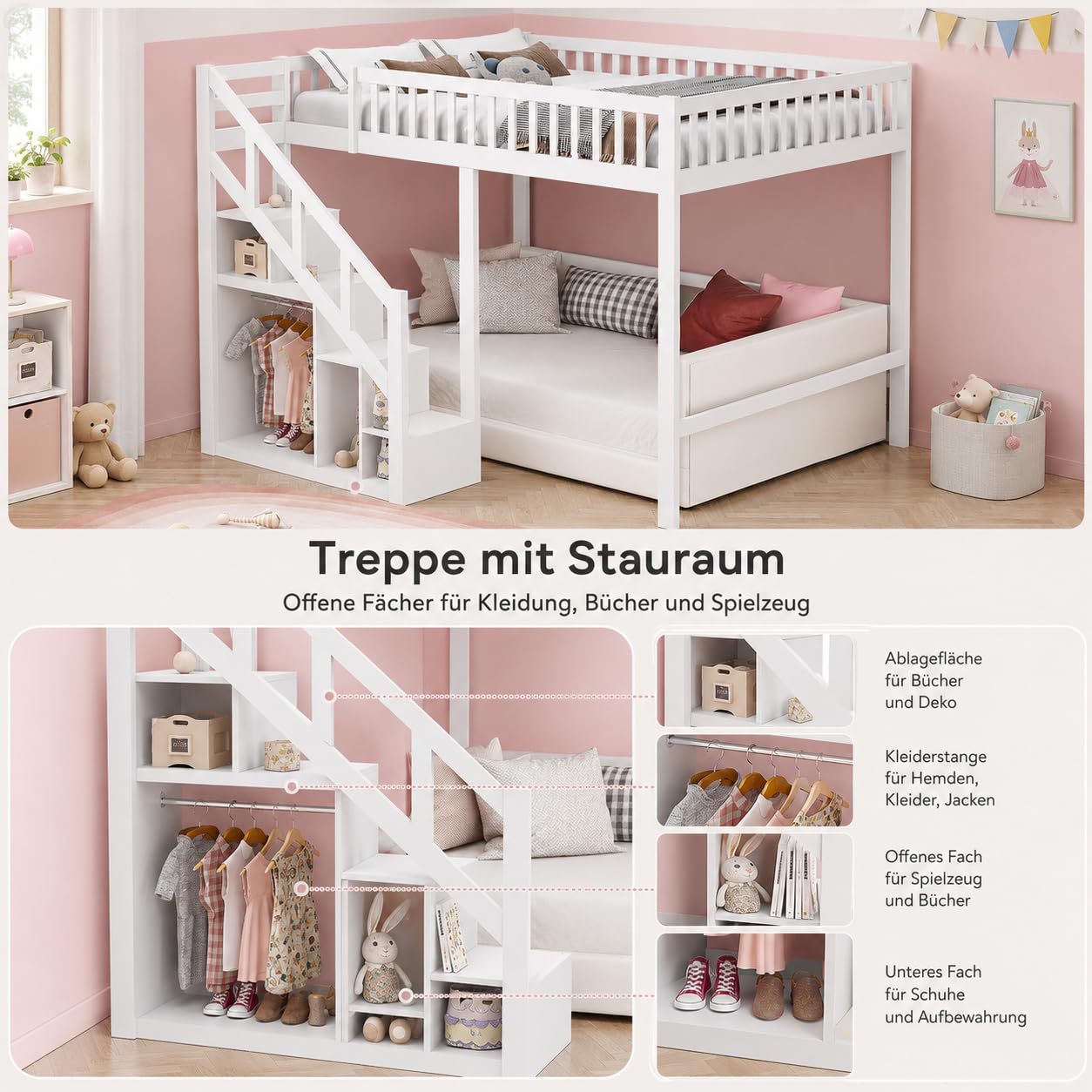 Etagenbett 90x200 cm für Kinder, Hochbett mit Treppe & Aufbewahrungsschrank, Massivholz, ohne Matratze