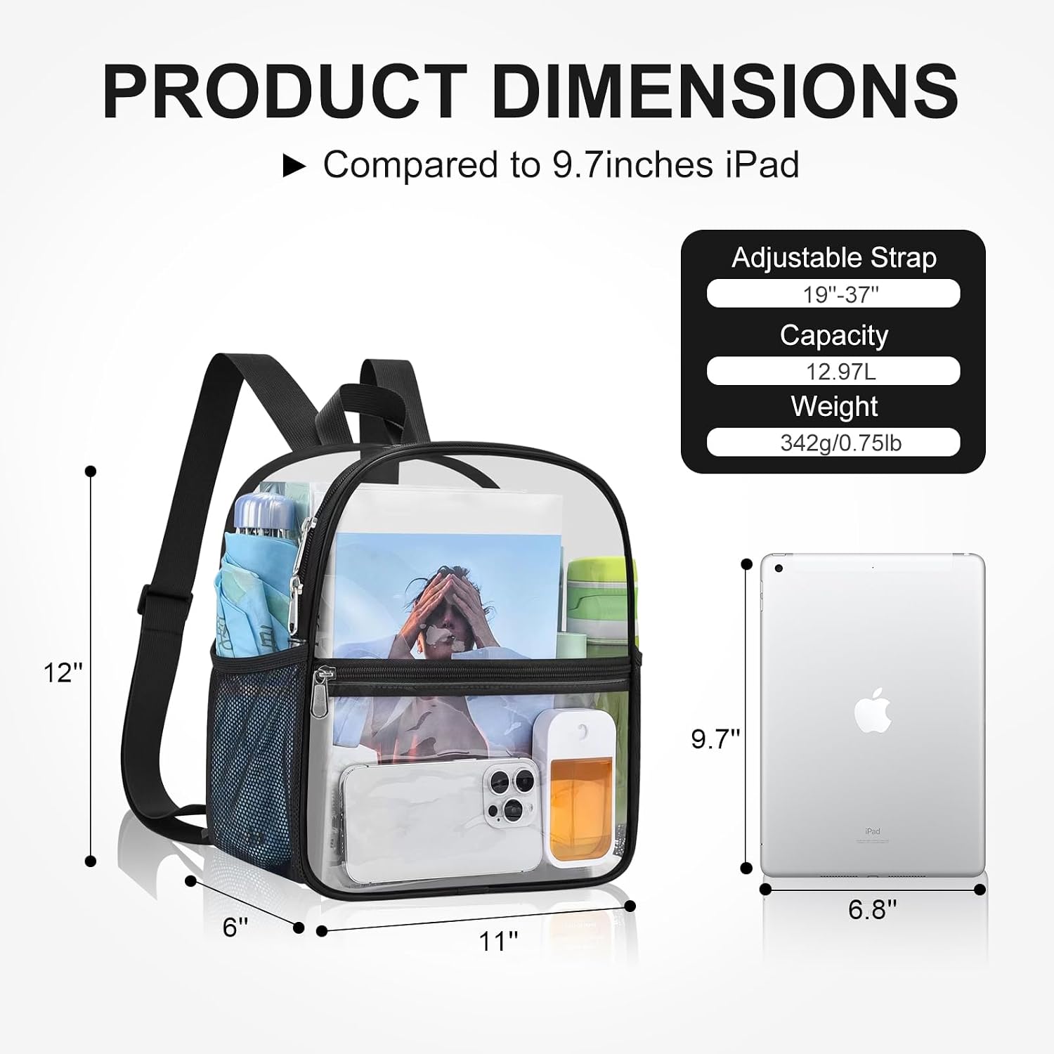 USPECLARE Clear Backpack Stadium Approved 12X11x6, Waterproof Clear Bag Stadium Backpack for Concert Work Sport Event
