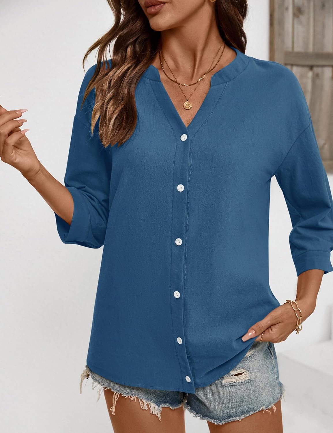 LOMON Womens 3/4 Sleeve Button Down Shirts Cotton Linen Roll Up Short Sleeve Tops V Neck Casual Loose Fit Blouses - Image 5