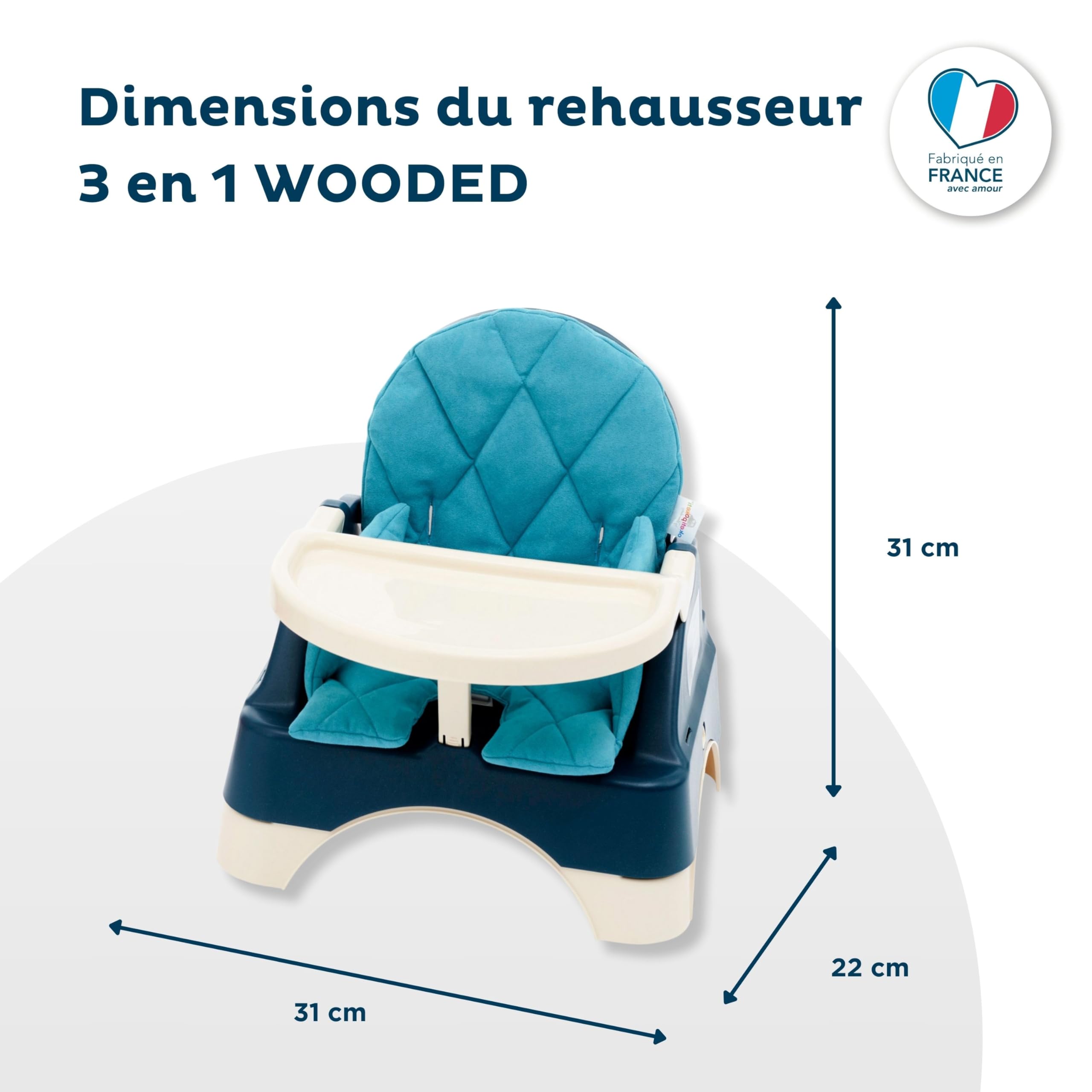 THERMOBABY - Rehausseur de chaise 3 en 1 Wooded Miscanthus - De 6 à 36 mois (jusqu'à 15 kg) - Fabriqué en France - Bleu