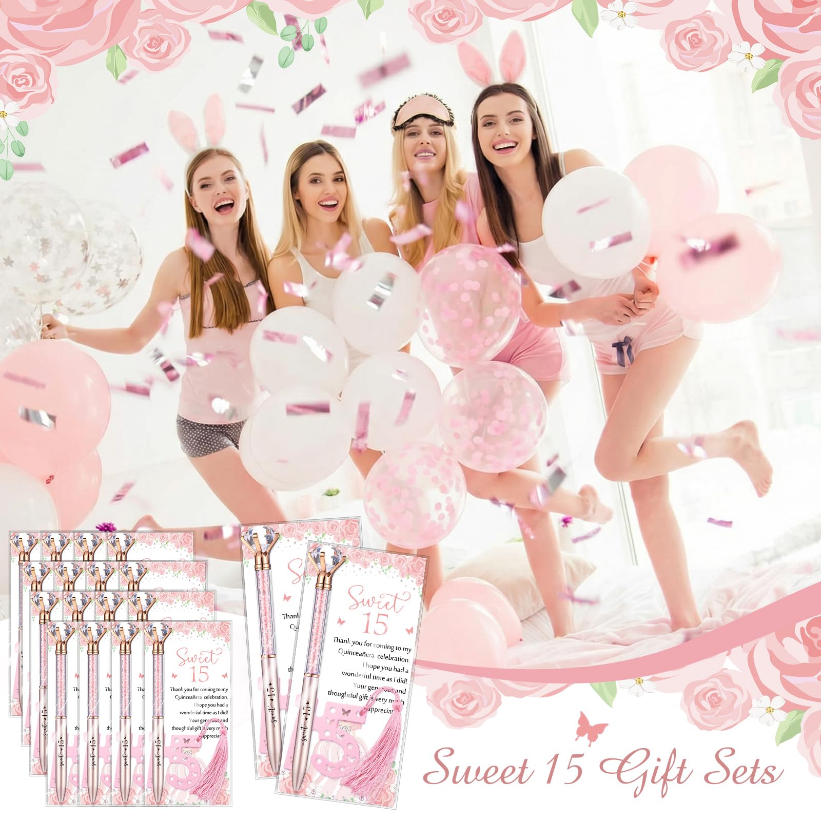Sayglossy 120 Pcs Quinceanera Party Favors Sweet 15th Thank You Gifts Diamond Pens with Cards Bookmarks Retractable Ballpoint Bling Pens Recuerdos Para 15 Anos Quinceaneras Gifts for Guests(Rose Gold)