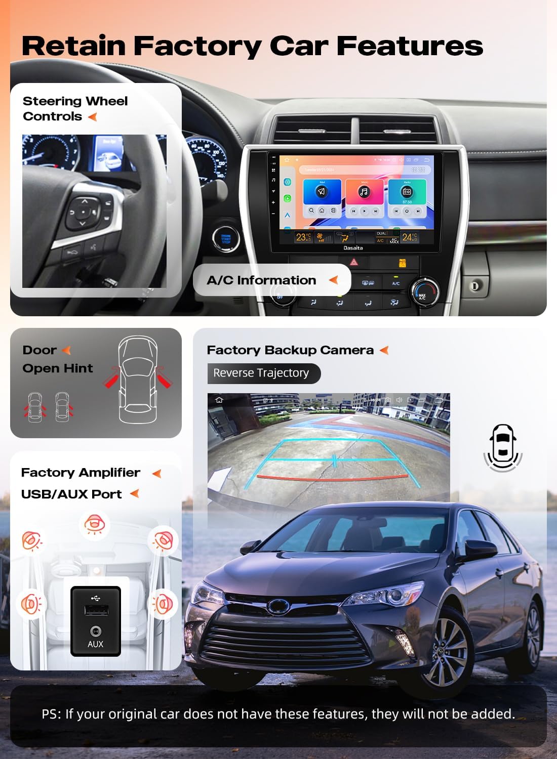 Diagram illustrating retained factory car features like steering wheel controls, backup camera, and USB/AUX ports with the Dasaita car radio.