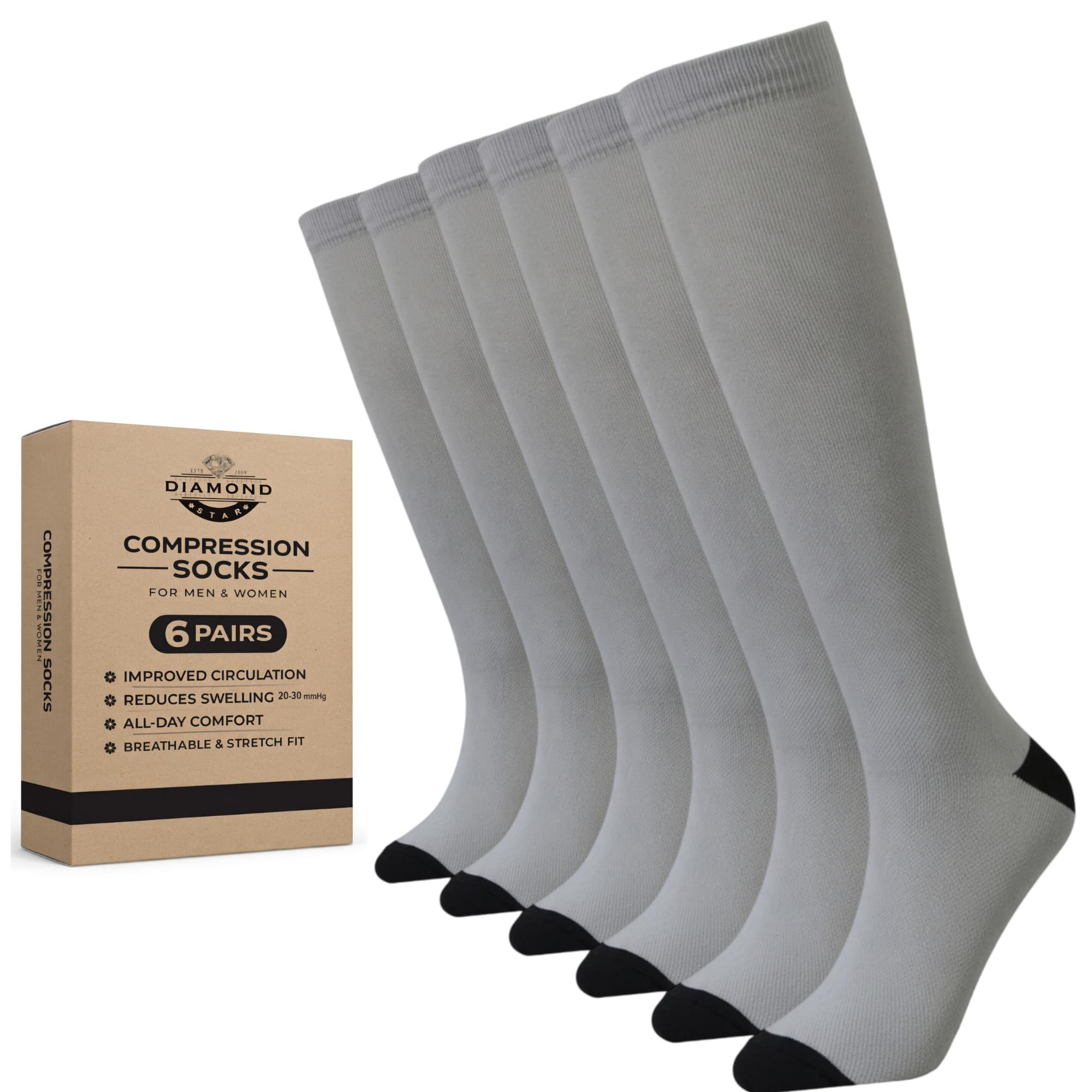 Diamond Star 6 Pairs Compression Socks for Men &amp; Women, Knee High Socks
