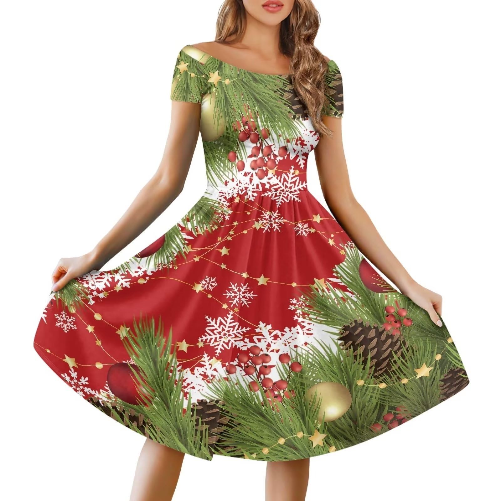AmzPrint Women's Midi A-Line Ugly Christmas Dress Vintage Short Sleeve Tunic Mini Xmas Dress for Party