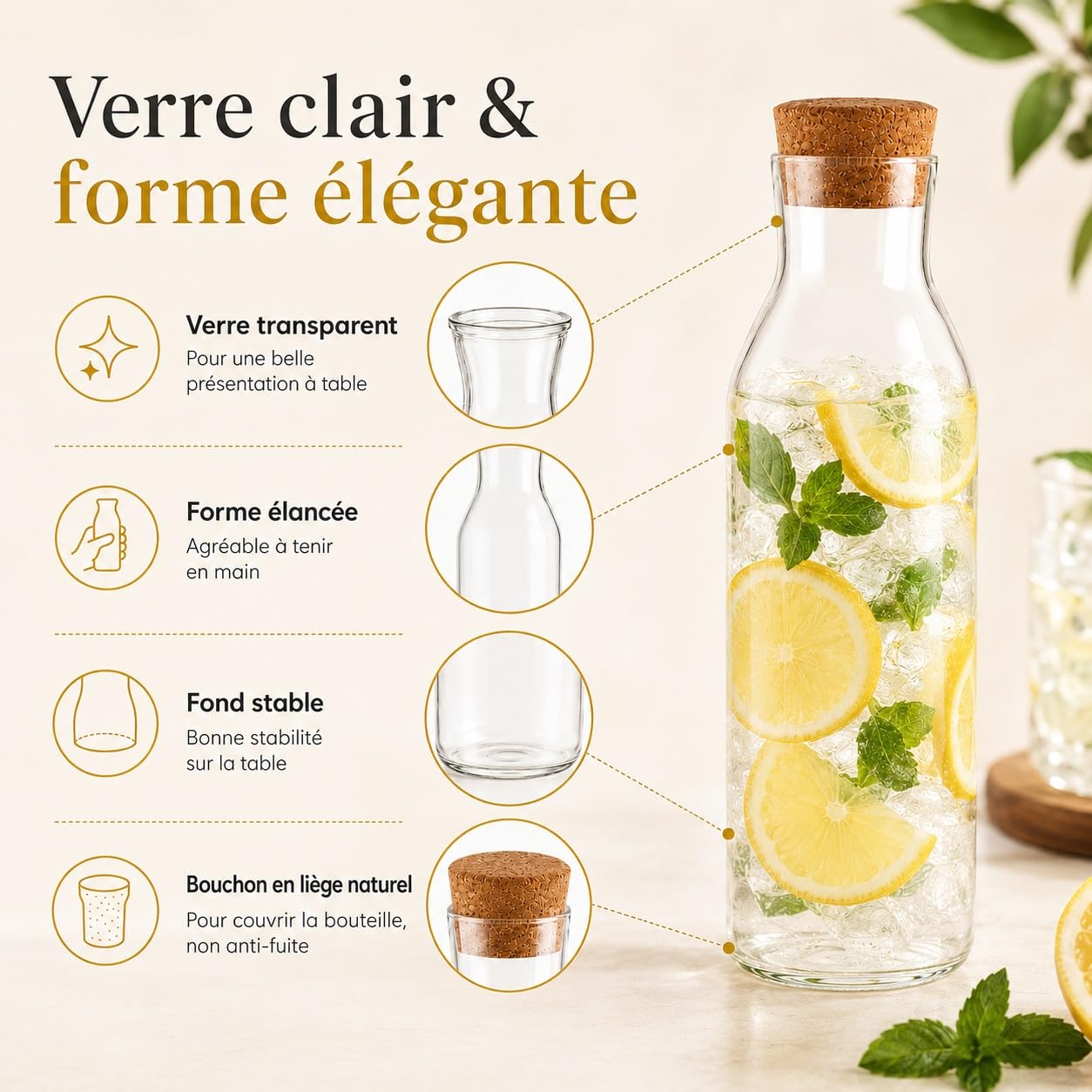 YAYODS Lot de 4 Carafe en Verre avec Bouchon en Liège 1,2L, Pichet en Verre Borosilicate pour Mimosa Bar, Jus, Bouteille d'Eau Élégante pour Réception, Fête, Mariage et Réfrigérateur