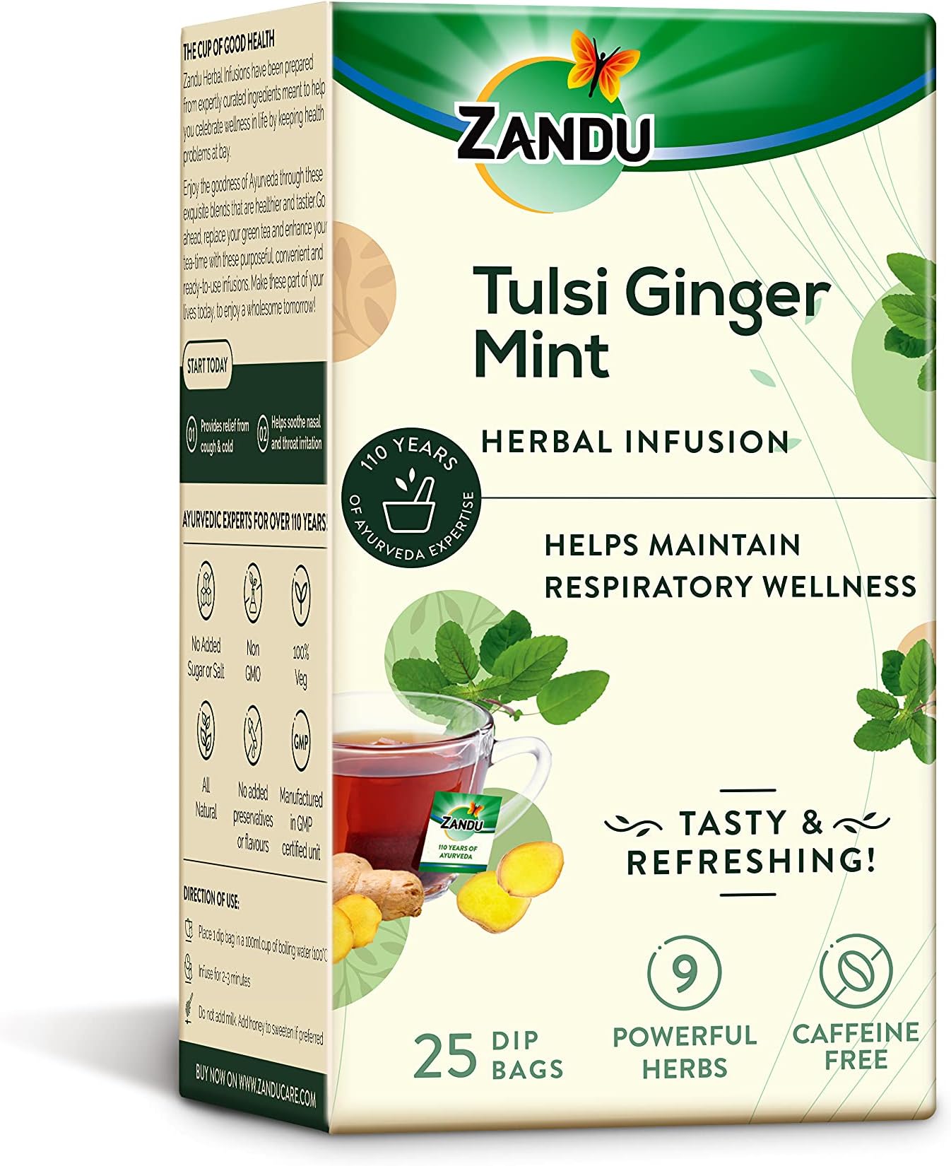 Tulsi Ginger Mint Herbal Infusion, a Herbal Tea Enriched with Ayurvedic Ingredients (25 Tea Bags)