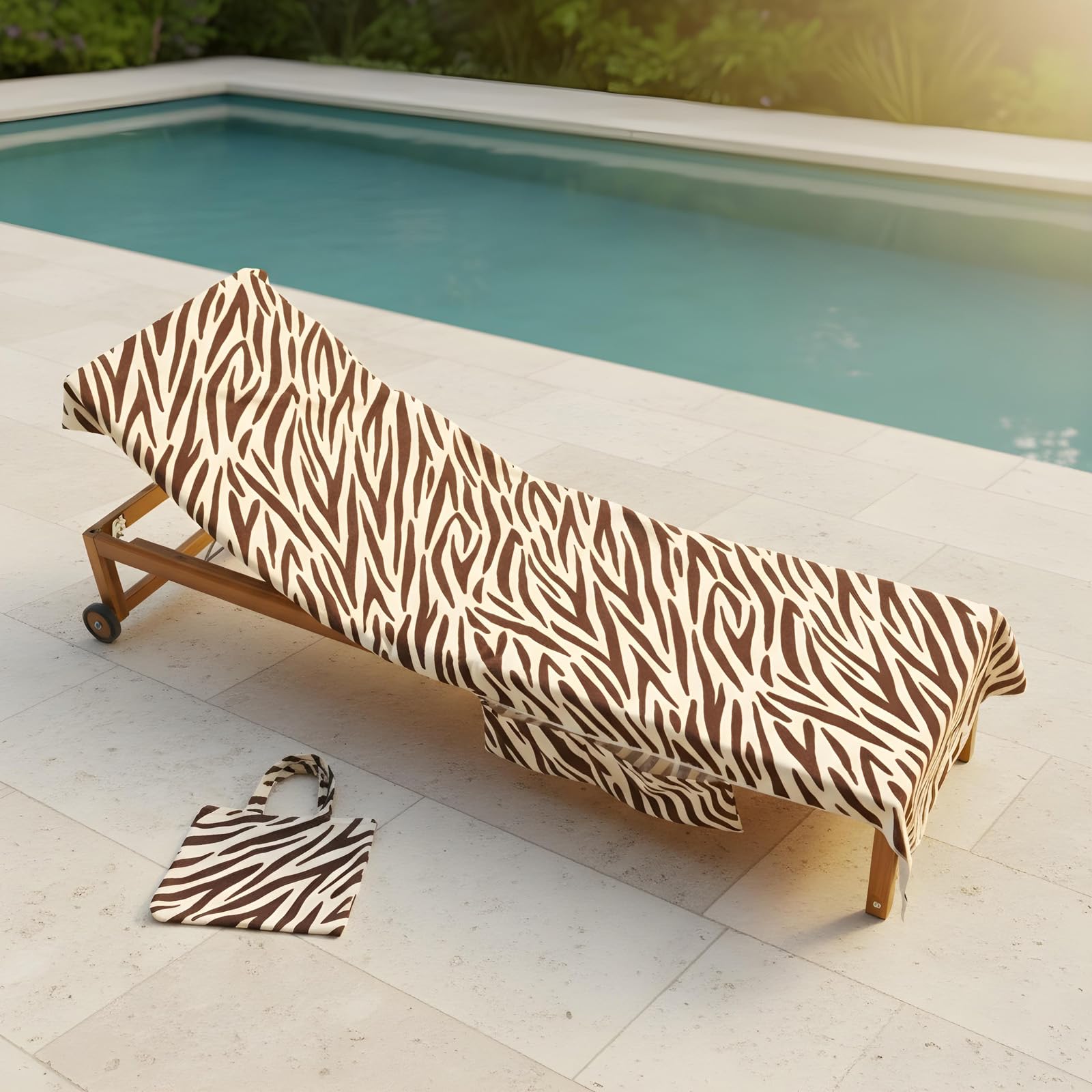 Ohs Brown - Zebra Beach Towel In A Bag Sun Lounger, Soft Quick-Dry Absorbent Sun Bed Towel With Pockets Lightweight Large Beach Towels For Adults Holiday Essentials, 75 X 215Cm - Brown Zebra