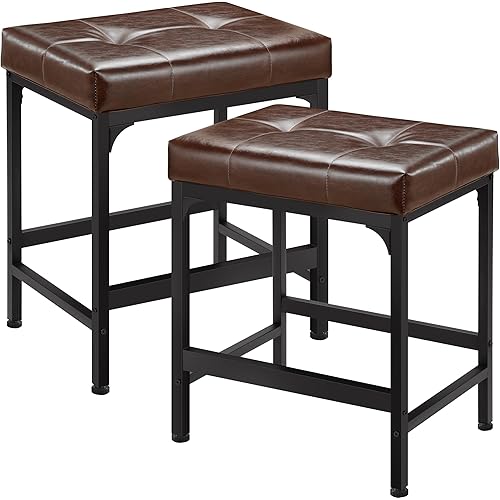 Bar Stools Set of 2, Counter Height Bar Stools 24" Kitchen Bar Stools with PU Leather, Upholstered Seat and Metal Base, 19.3" Wide Bar Chairs for Kitchen Island, Brown