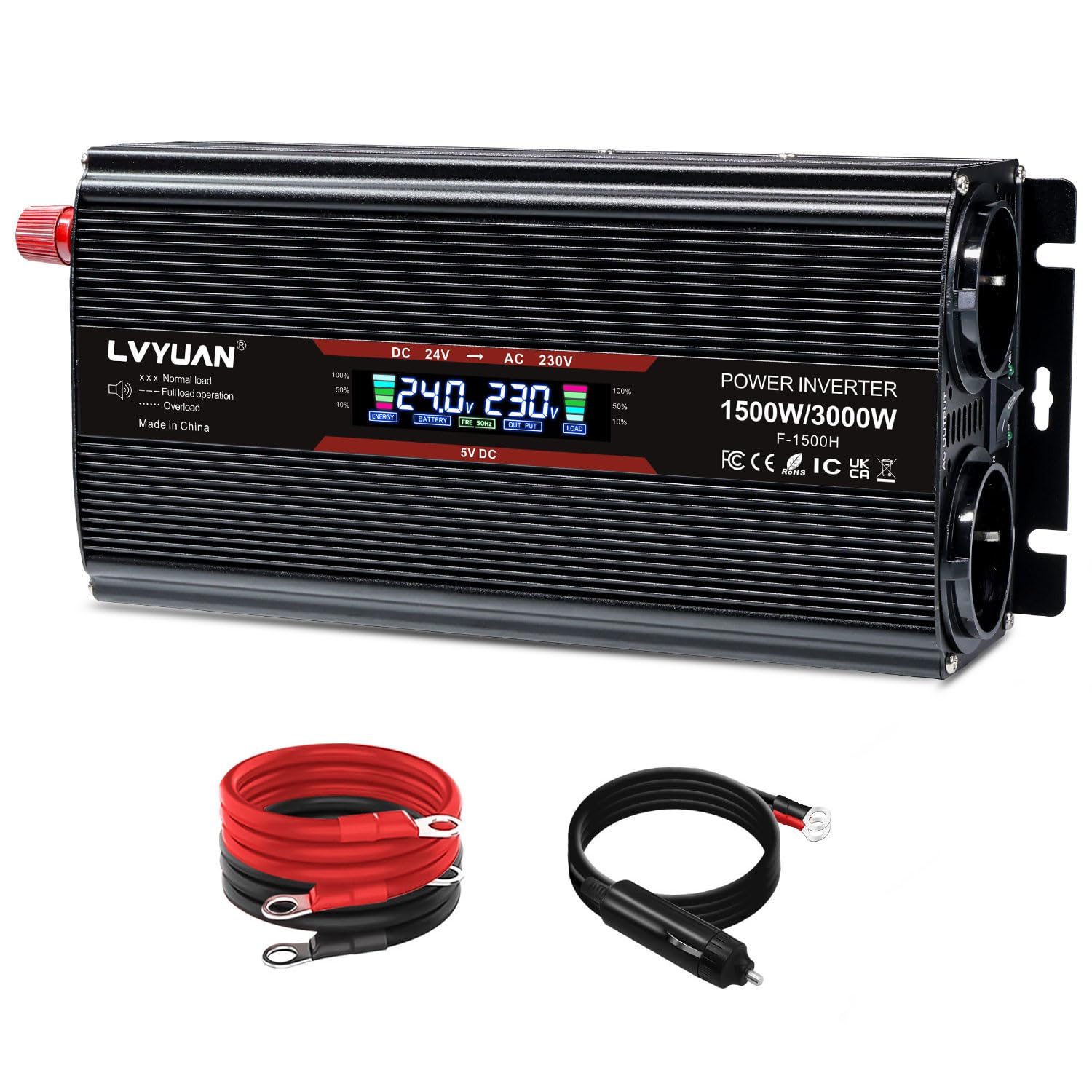 Voltage Converter 24 V 230 V 1500 W / 3000 W Inverter Power Converter with LCD Screen, 2 EU Sockets, Fan and 5 V USB Ports Including Car Cigarette Lighter Plug, Black