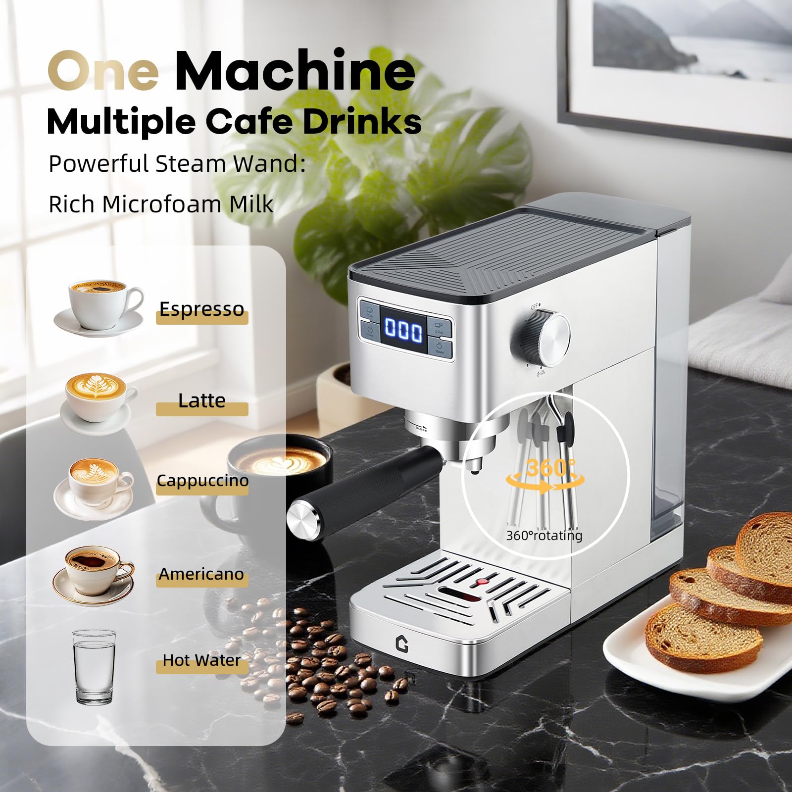 GarveeTech Machine à café, porte-filtre 20 bars avec mousseur à lait pour expresso, cappuccino et latte - machine à expresso compacte avec thermobloc, fonction eau chaude et indicateur de détartrage