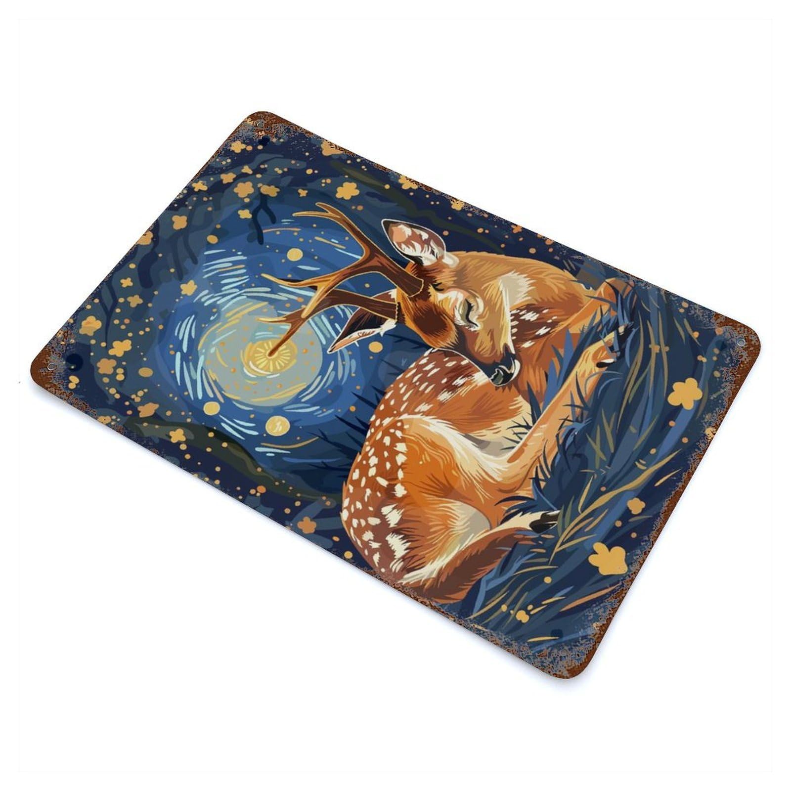 Resting Deer in Starry Night Aged Metal Wall Plaque 11.8"x7.9", Industrial Home Decor for Pub, Kitchen And Man Cave Decor