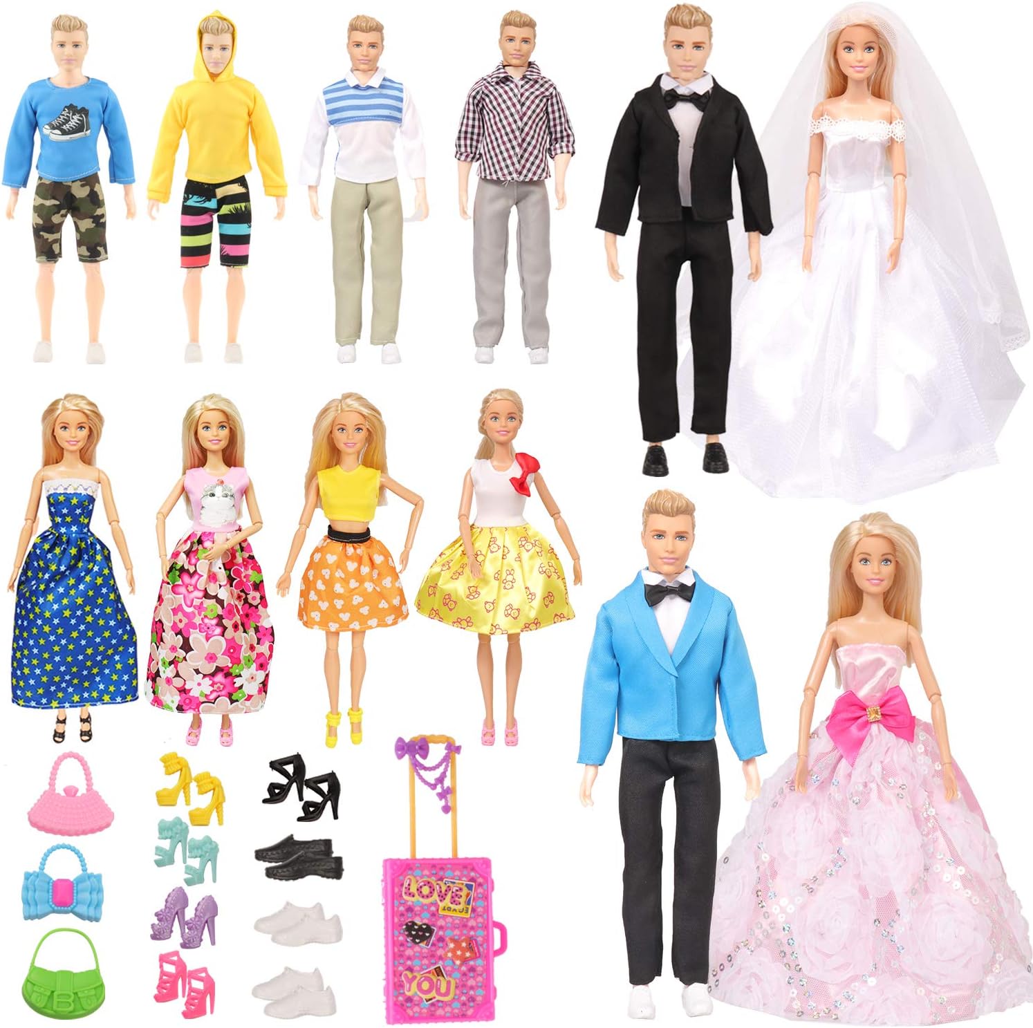 SUBANG 33 Pieces Doll Clothes and Accessories for 11.5 Inch Girl Boy Doll Include 12 Set Doll Groom Suit, Wedding Dress, Casual Wearing Clothes with Accessories and 8 Pair Shoes