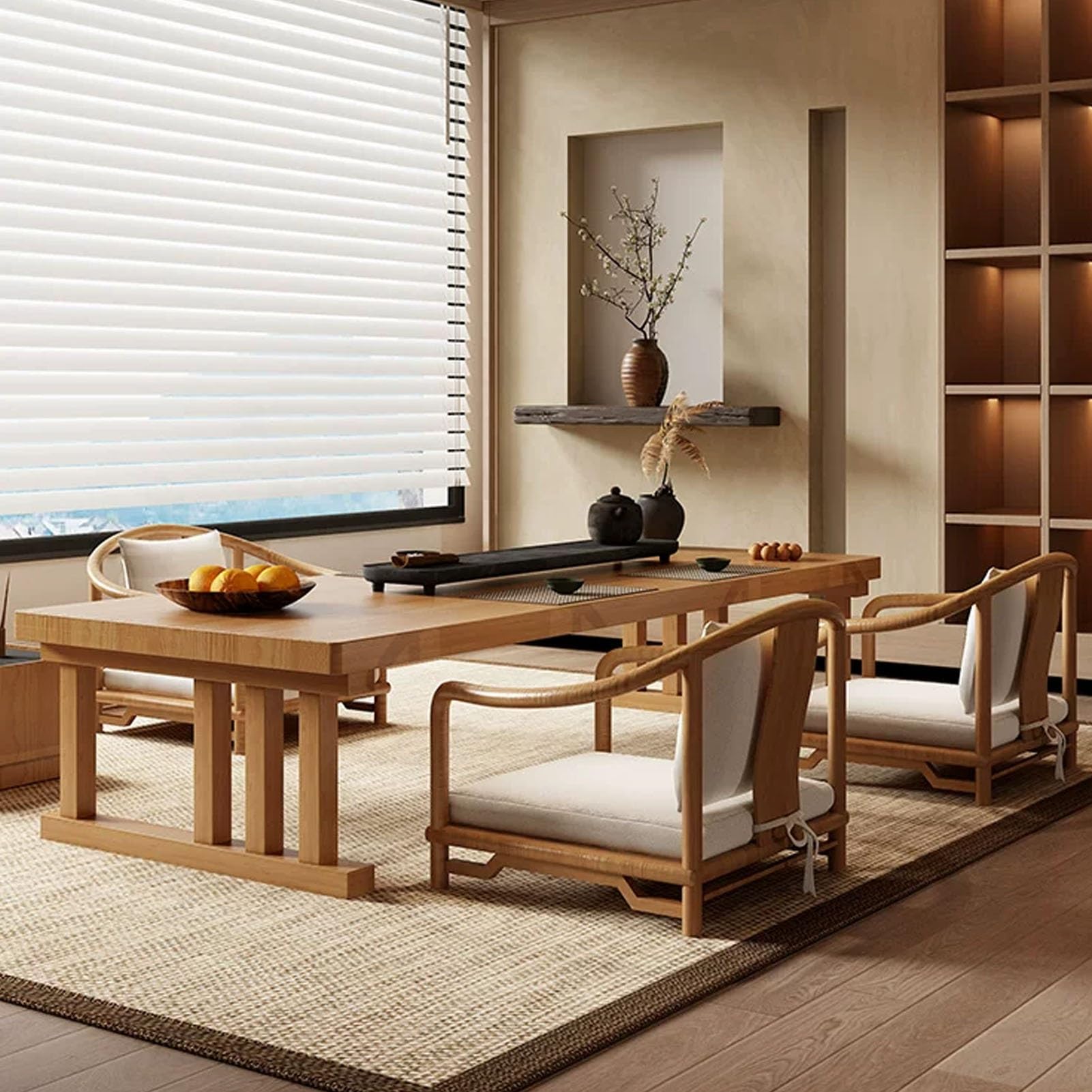 Mesa de Centro Japonesa Rectangular de Tatami de Madera, Mesa Baja con Amplia Superficie de Trabajo, Mesas de Té y Comedor para El Salón, Ventanal(Natural,42x24in/120x60cm)