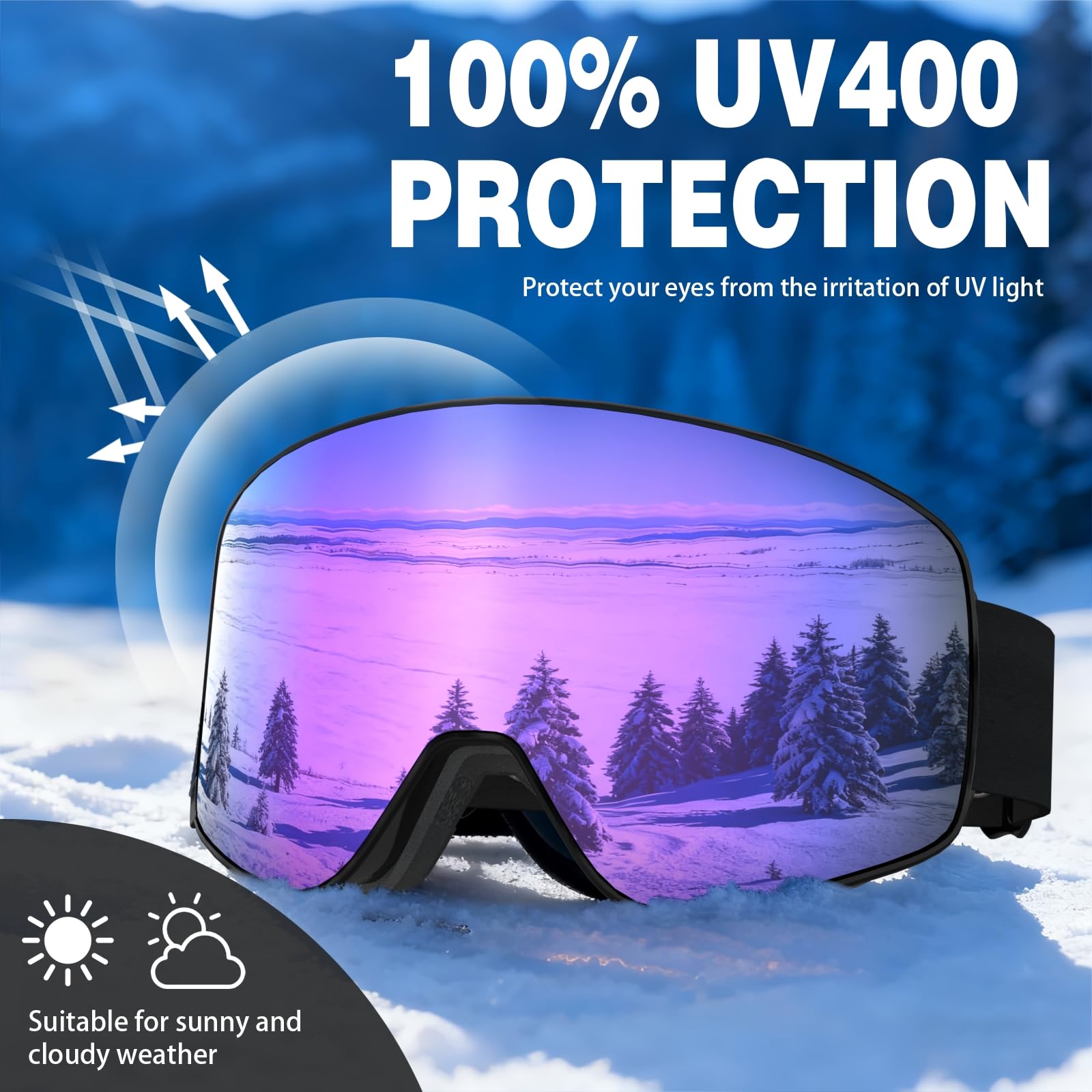 Gogle narciarskie, bezramowe gogle snowboardowe z 2 soczewkami narciarskimi z magnesem UV400, YH212 przeciwmgielne gogle śnieżne dla dorosłych mężczyzn kobiet (czarna rama, pełna Revo Purple (VLT 16%