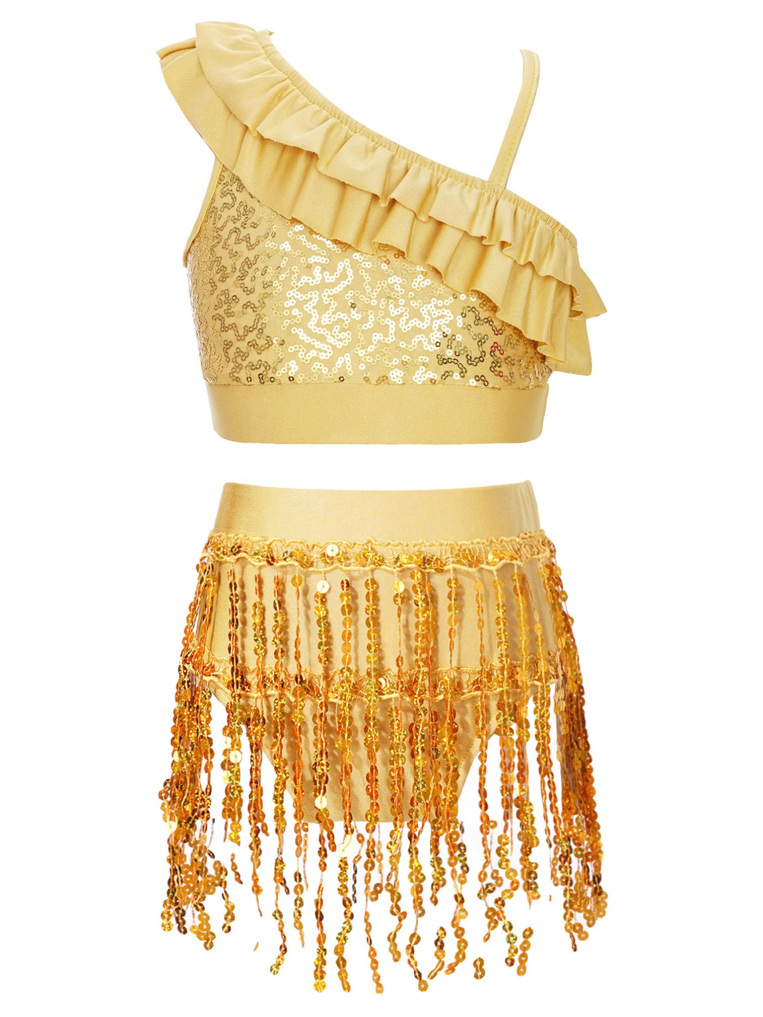 YiZYiF Ragazze Costume da Ballo con Paillettes 2 Pezzi Abito da Ballo Latino Americano Crop Top + Slip con Nappe