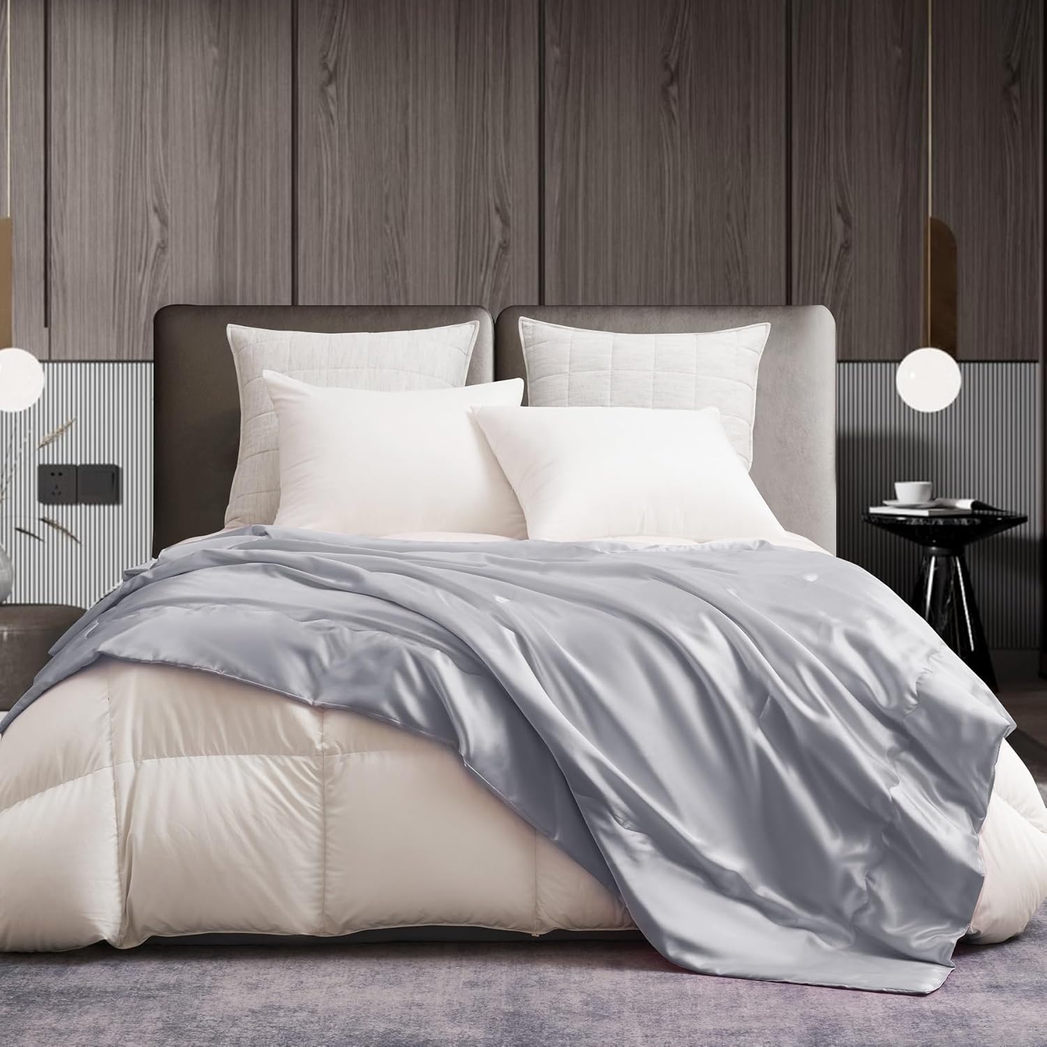 Light Grey Cooling Satin Throw Blanket 50 x 60 Inches Soft Lightweight Silky Bed Blanket for Couch, Sofa, Camping, Bed, Outdoor, Travel, Car