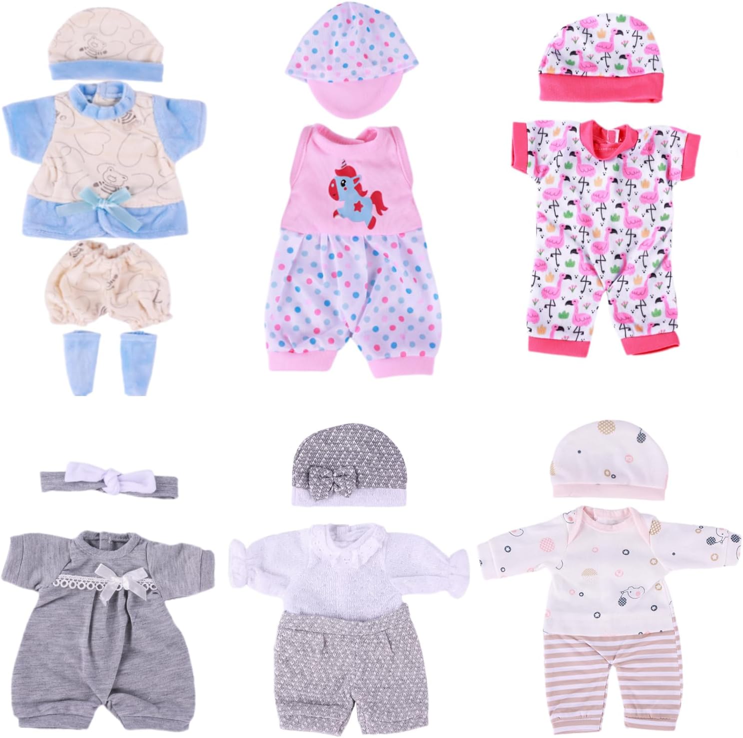 BABESIDE 6 Sets of Baby Doll Clothes for 12-15 Inch Babydolls, 14 Pcs Dolls Clothes and Baby Doll Accessories with Hats, Pants, Headband and Socks, Pretend Play Toys for Kids 3+