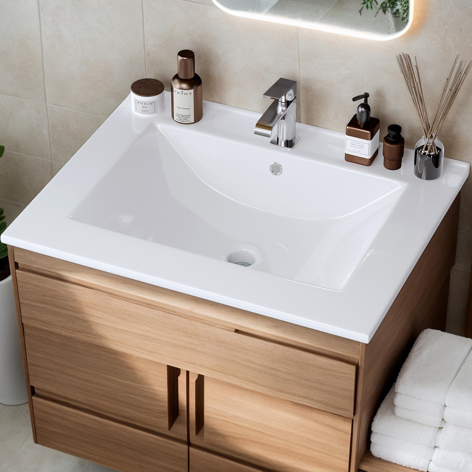 LEADZM Einbauwaschbecken für Badezimmer, Aufsatzwaschbecken Keramik Weiß | Waschbecken Einsatz für Waschtisch, Handwaschbecken für Gäste WC, ohne Wasserhahn, 61 x 46 cm (Waschtisch)