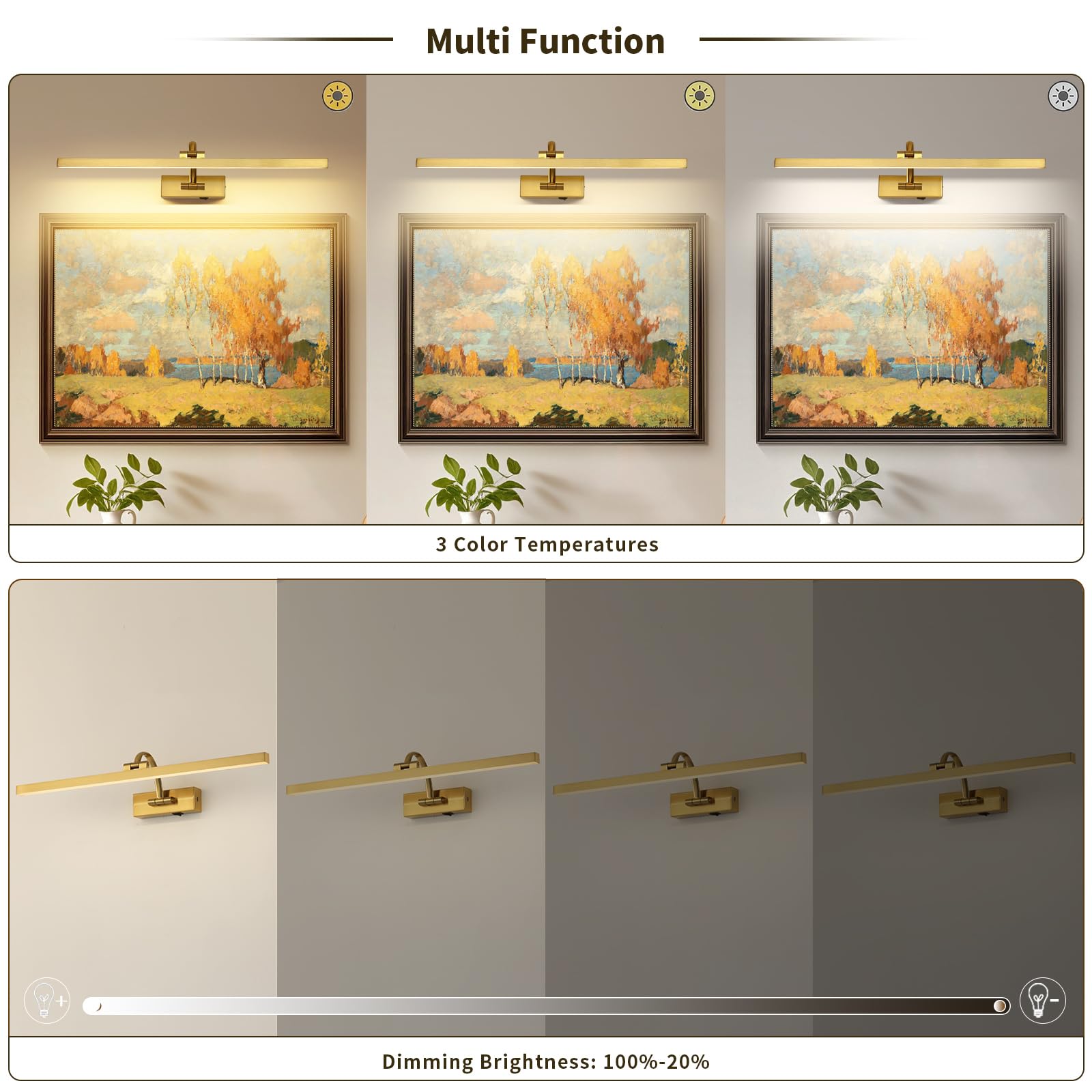 Lampes murales sans fil à piles, éclairage d'art en laiton pour peintures, lumières de galerie rechargeables avec télécommande et minuterie, lumières de peinture à intensité variable 3CCT pour œuvres