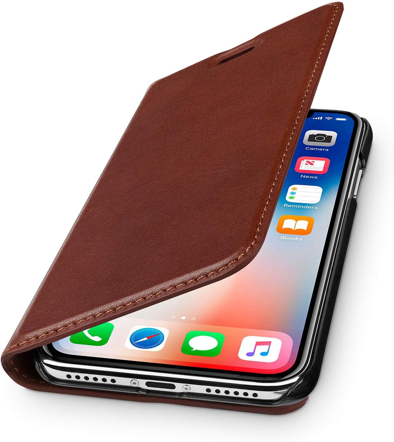 WIIUKA Genuine Leather Case - TRAVEL NATURE - for Apple iPhone X and XS - GERMAN-LEATHER Premium Wallet Slim Vintage Brown Design Cover with Card Holder and Stand Function