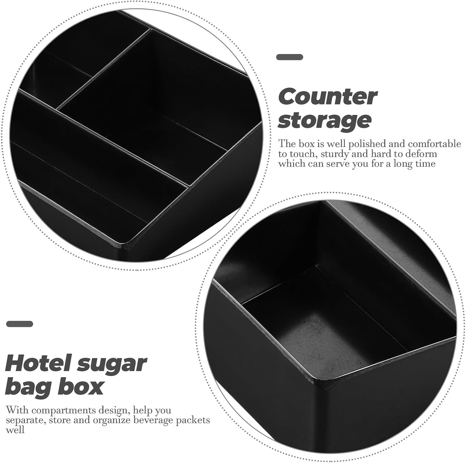 Tea Bag Holder and Sugar Packet Organizer 3-compartment Black Storage Box for Coffee Station Accessories and Countertop Use in Restaurants and Home Kitchens