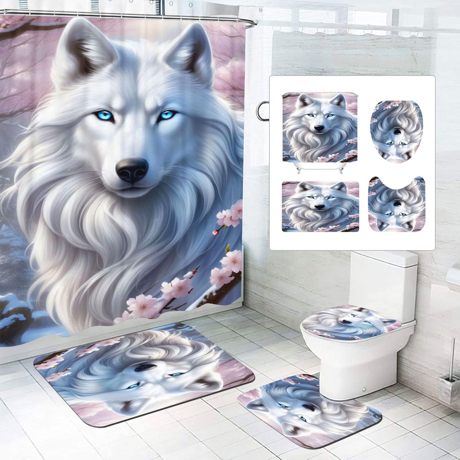 Fadaing Wolf Shower Curtain 180 x 200 cm 180 x 180 cm 3D Wolf Animals Shower Curtains Waterproof Polyester Cartoon Wolf Shower Curtain Bathroom Mat 4-Piece Set (180 x 200 cm, 1)