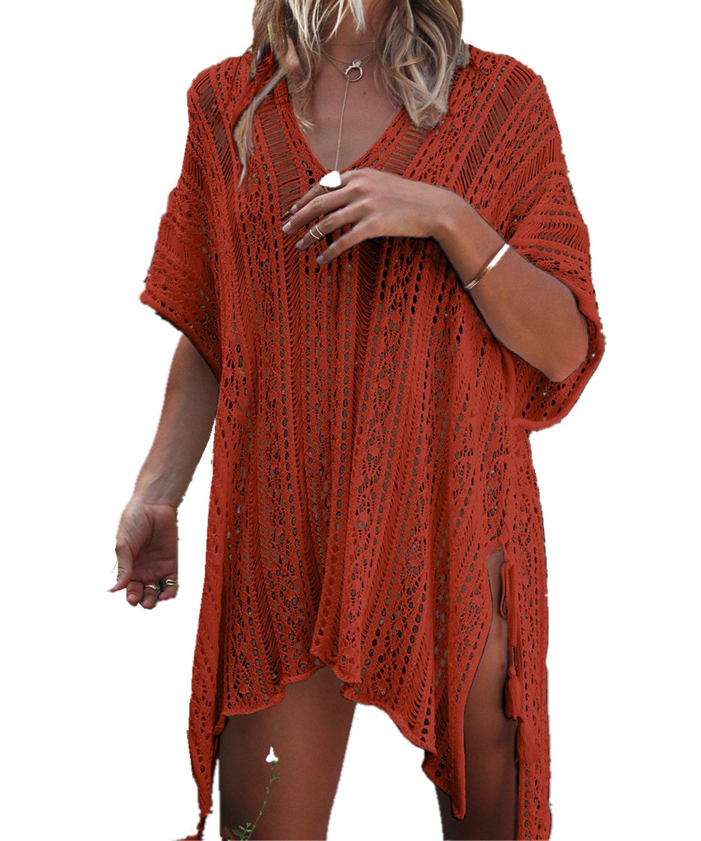 YouKD Women's Hollow Knit Tunic See-Through Crochet Tops Beach Cover Poncho Summer Beach Cover Up Dress B Red