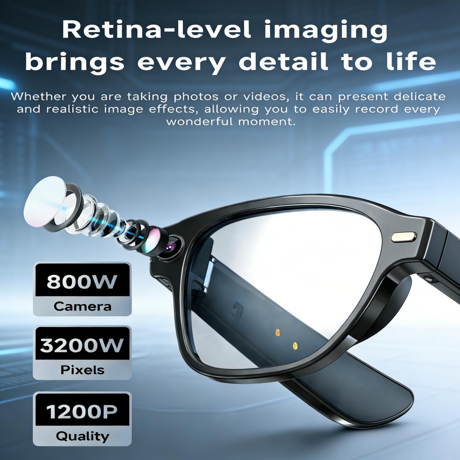 AI Brillen mit HD 8MP Kamera, Smart Glasses mit 270mAh, 1200P Videoaufnahme, Bluetooth 5.4, Echtzeit-KI-Übersetzung & Objekterkennung, Blau licht, Zwei Mikrofone für Anrufe, Aufnahmen